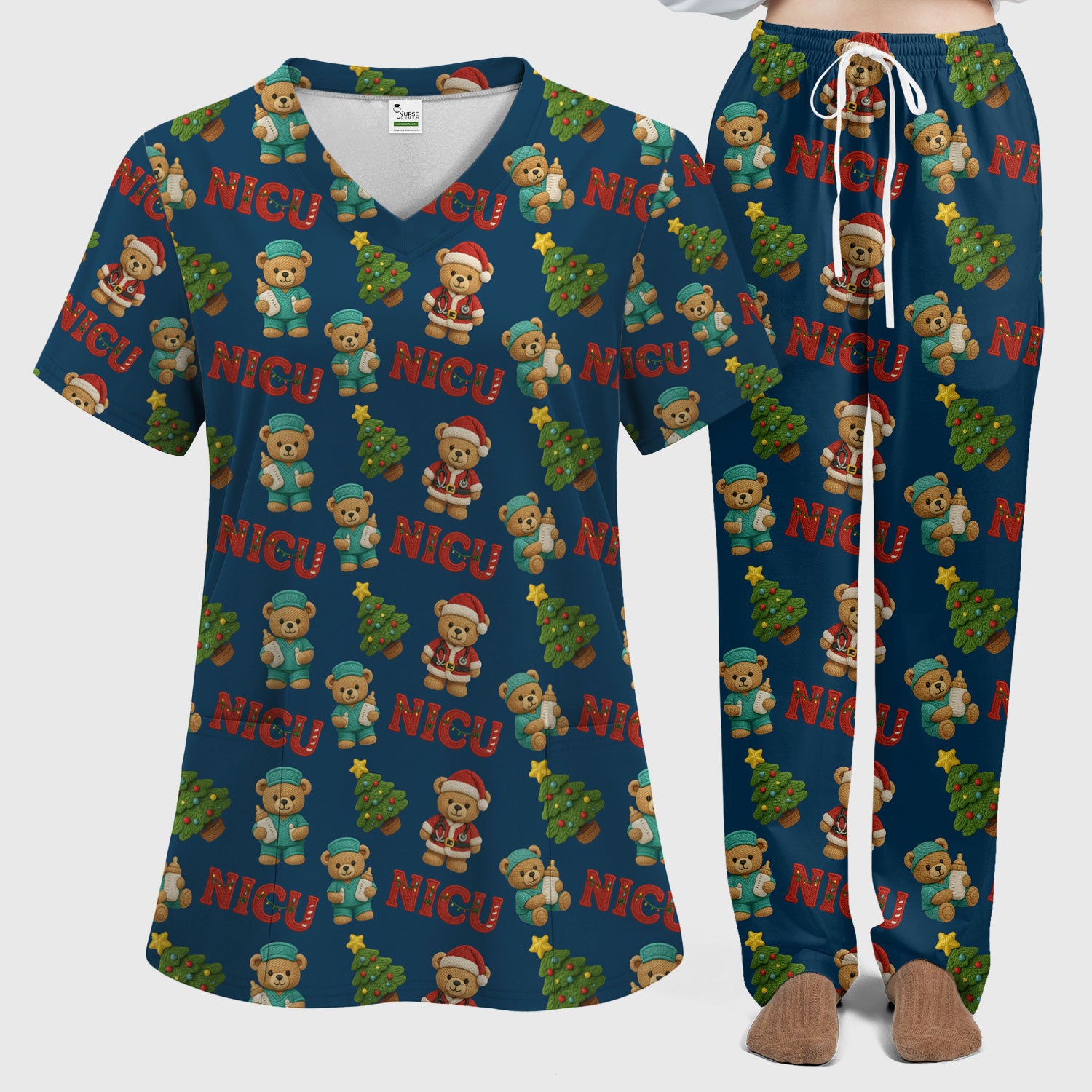 Festive Christmas NICU Nurse Teddy Bear Pattern Scrub Set, Breathable Med Uniform