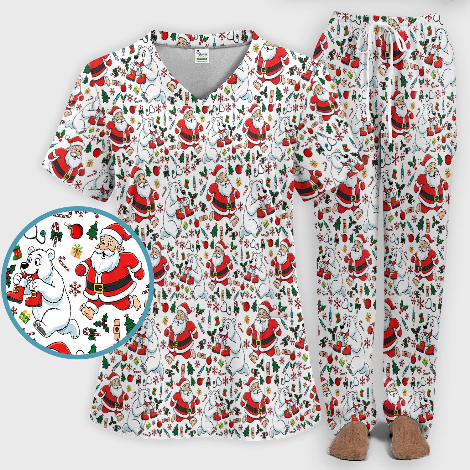 Christmas Santa & Polar Bear Scrub Set - Funny Holiday Nursing Pants and V Neck Top - Cute Winter Medical Uniform