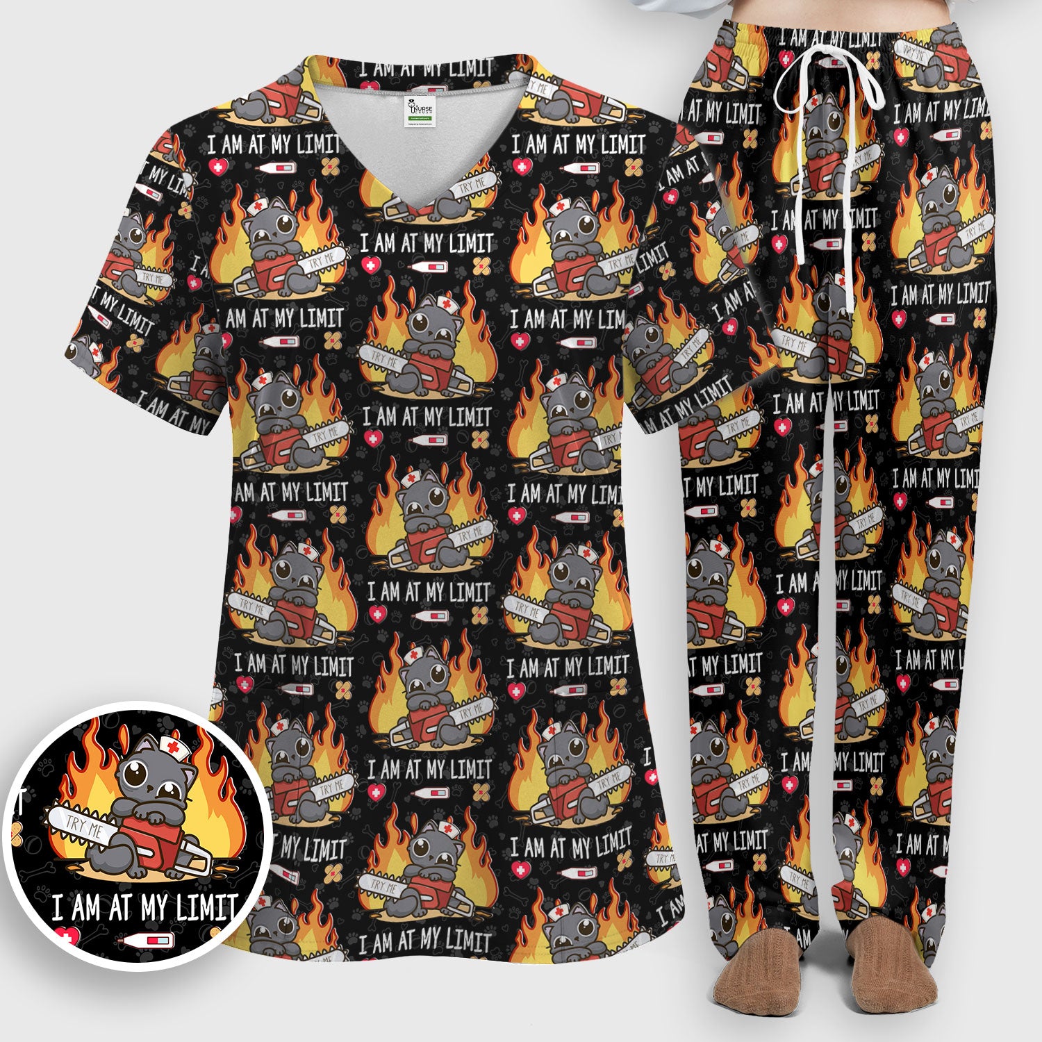 Funny Nurse Cat I Am At My Limit Women's Scrub Set, Breathable Med Uniform