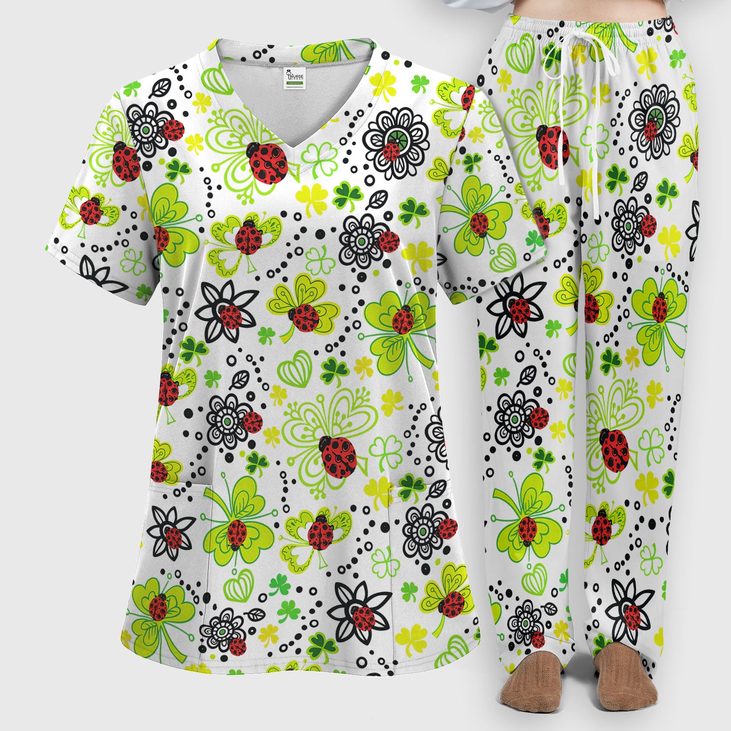 Ladybug Clover Floral Pattern Print Scrub Sets, Scrub Pants and V Neck Top