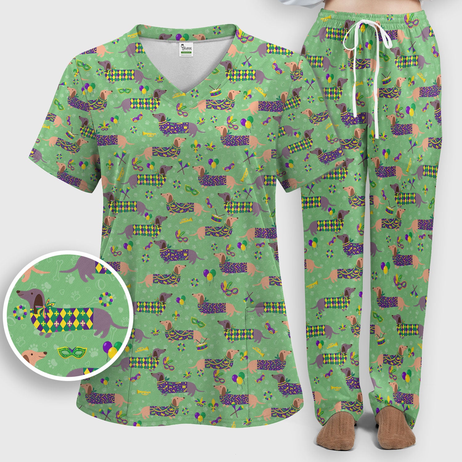 Mardi Gras Dachshund Nurse Scrub Set, Wiener Dog Holiday Pattern Nurses Shirt, Comfortable Uniform Scrubs For Nursing