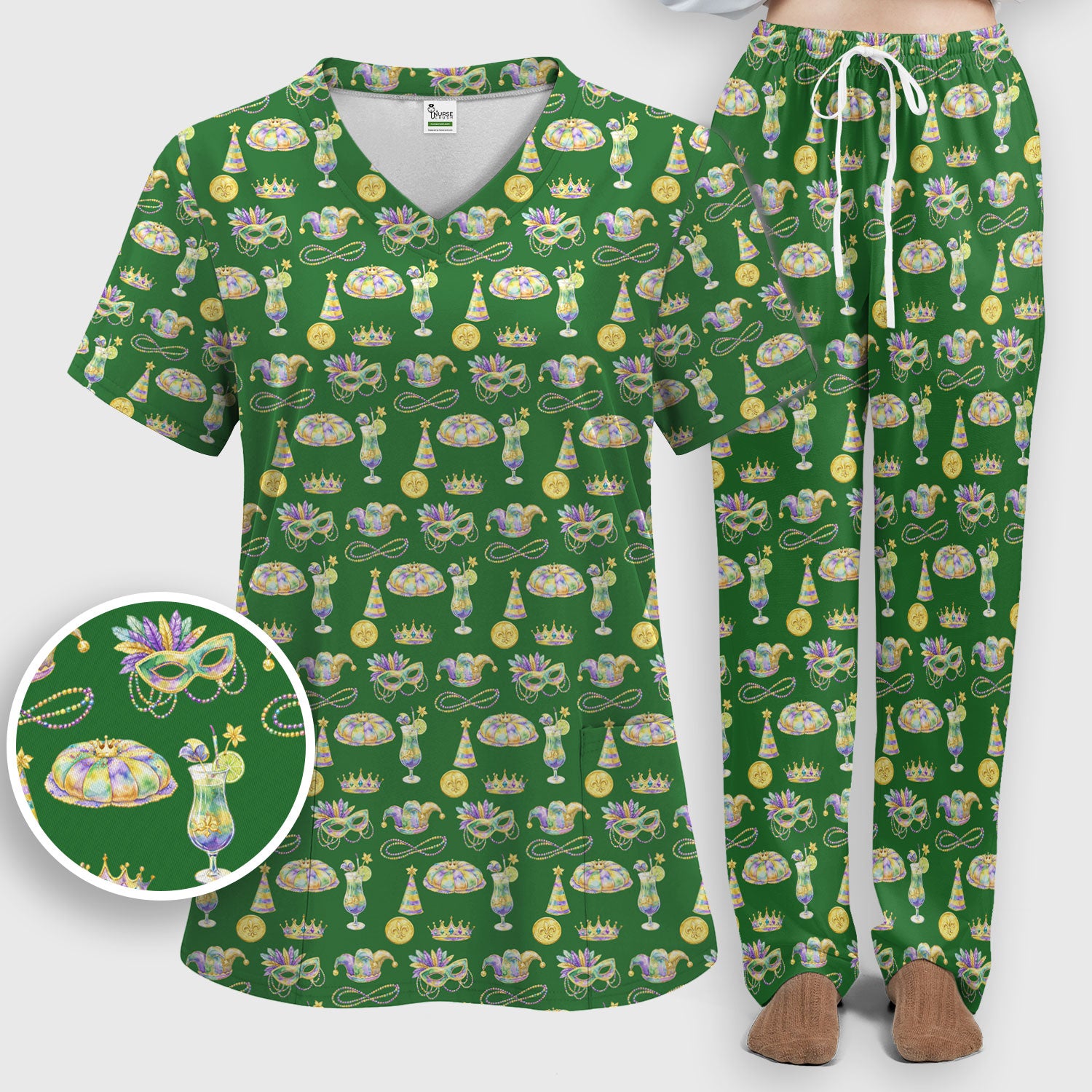 Mardi Gras Mask Scrub Set, Elegant Carnival Pattern Nurse Shirt For Women, Breathable Fabrics Nursing Uniform