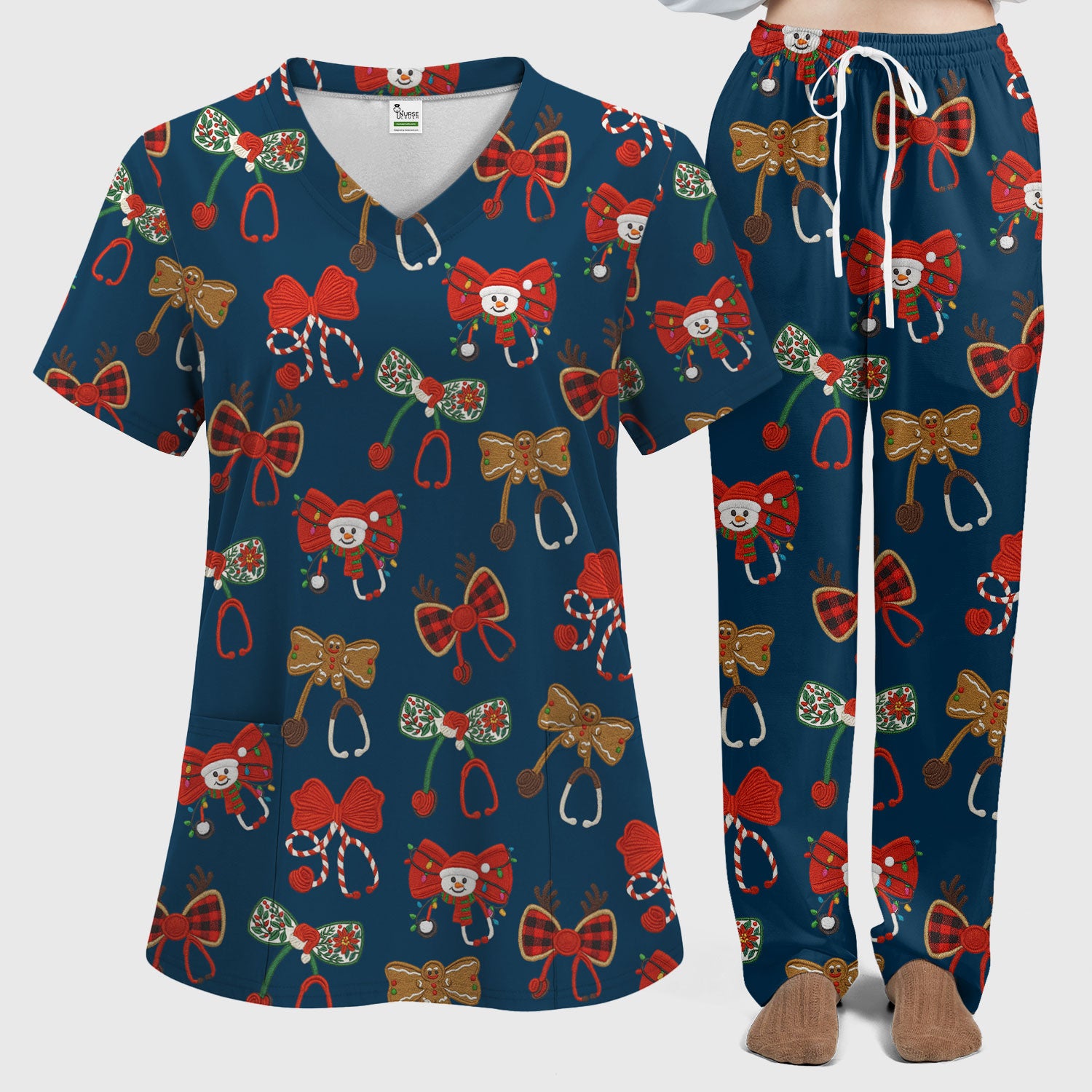 Christmas Stethoscope Bow Nurse Scrub Set, Xmas Pattern Scrub Shirt, Holiday Nursing Uniform