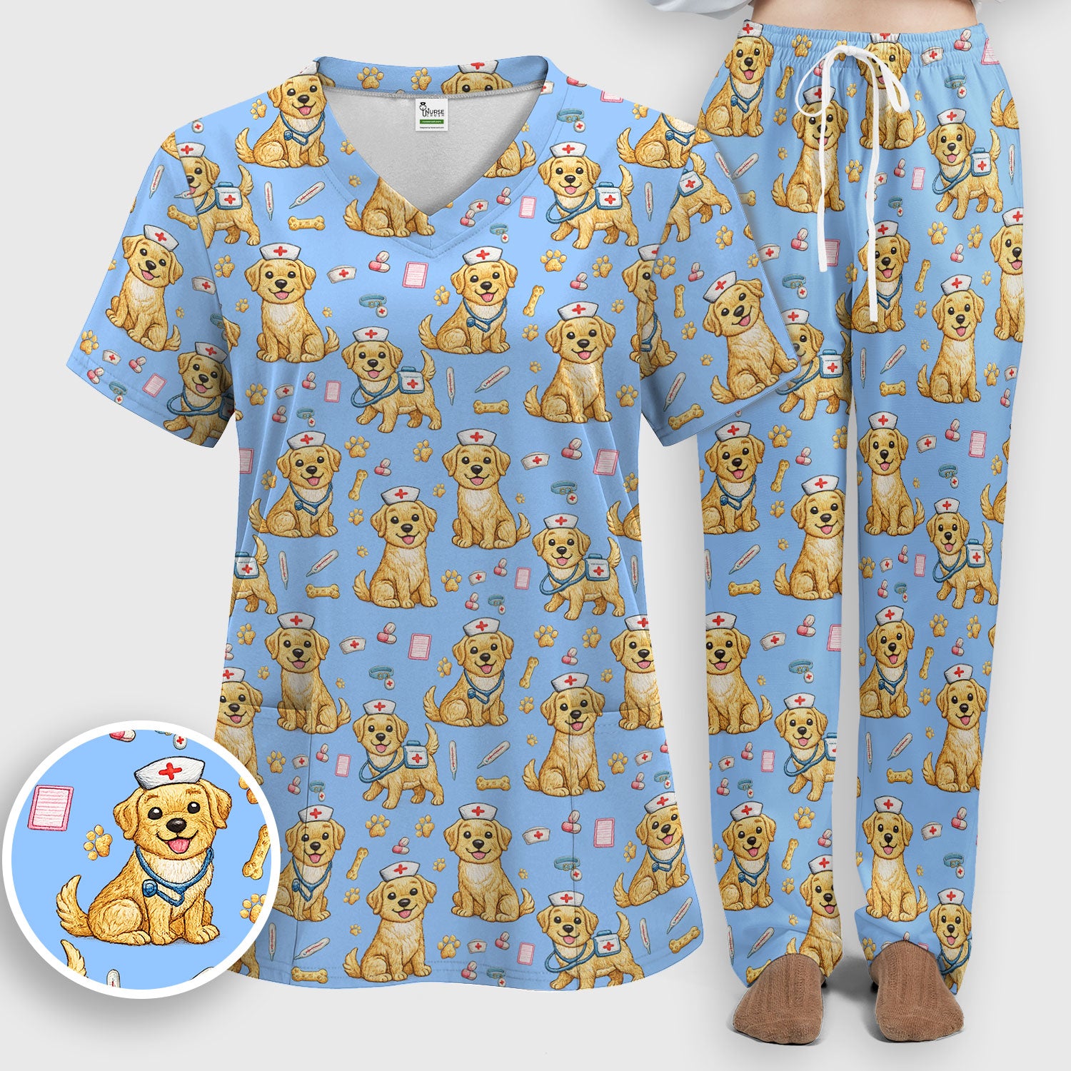 Cute Puppy Nurse Medical Print Women’s Scrub Set, Scrub Pants and V Neck Top