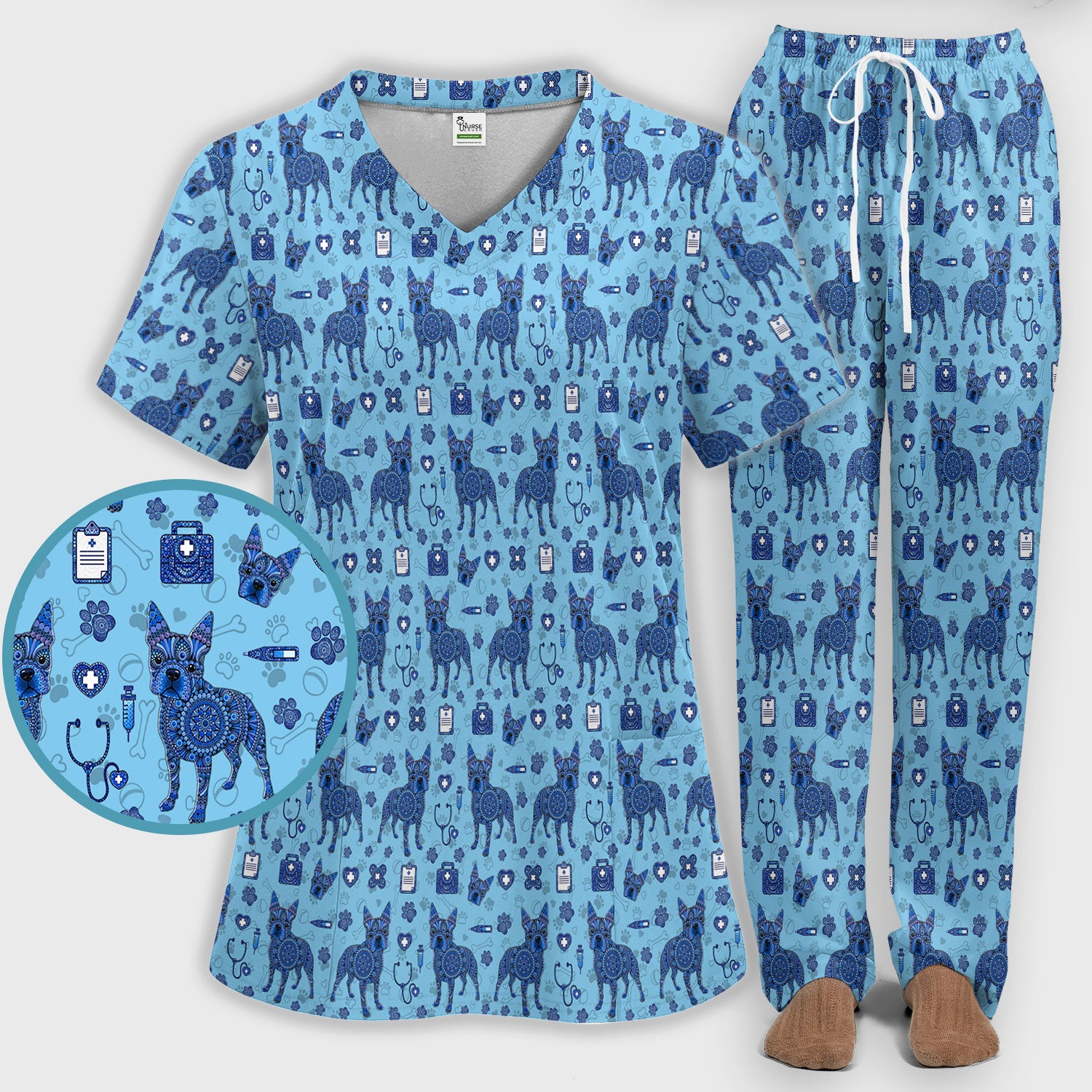 Blue Heeler Australian Cattle Dog Scrub Set, Australia Dot Art Pattern Shirt, Breathable Fabrics Nursing Uniform