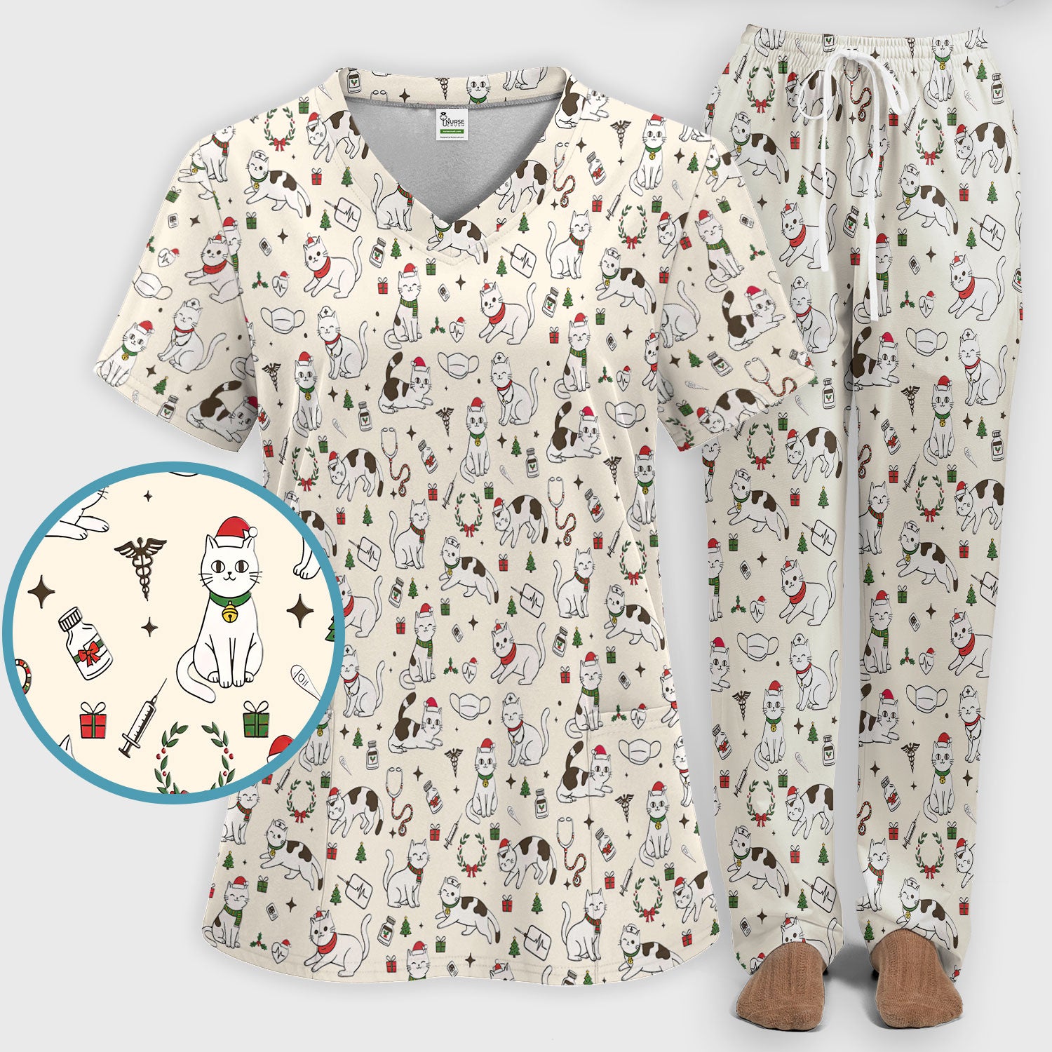 Christmas Cat Scrub Set – Festive Nurse & Holiday Kitty Pattern – Cute Medical Uniform for Nurses, Vets and Healthcare Workers