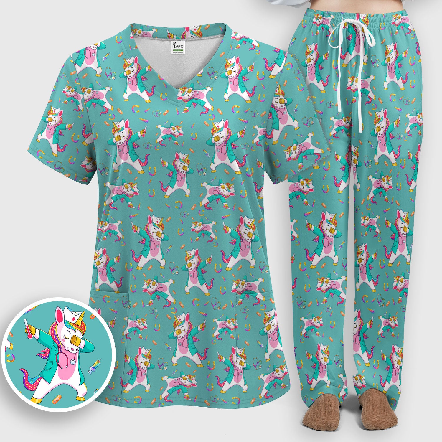 Cute Unicorn Nurse Dance Pattern Women's Sets, Scrub Pants and V Neck Top