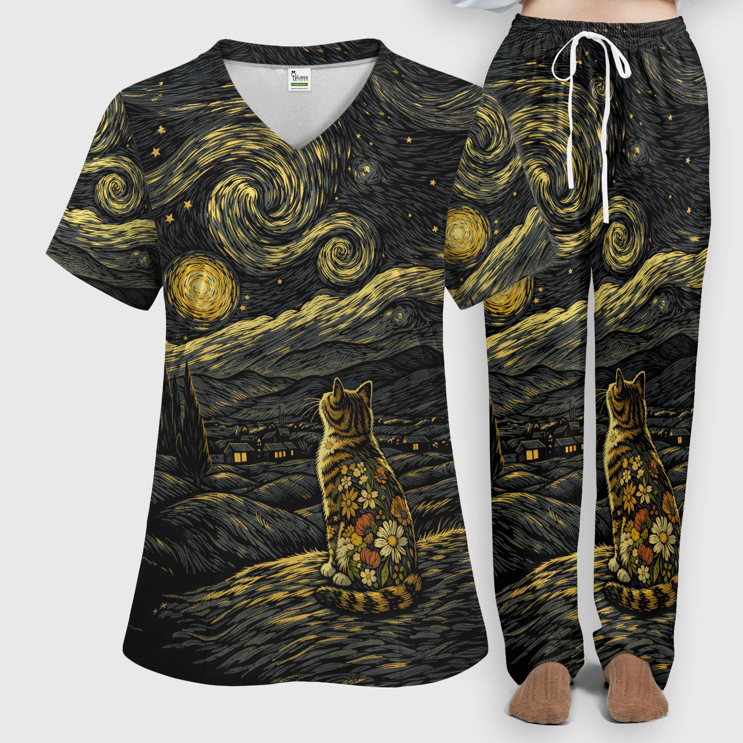 Galaxy Night Sky Cat With Flowers Print Scrub Set, Breathable Med Uniform