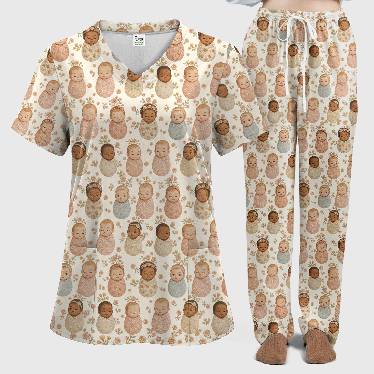 Sweet Newborn Baby Floral Print Women's Scrub Set, Breathable Med Uniform