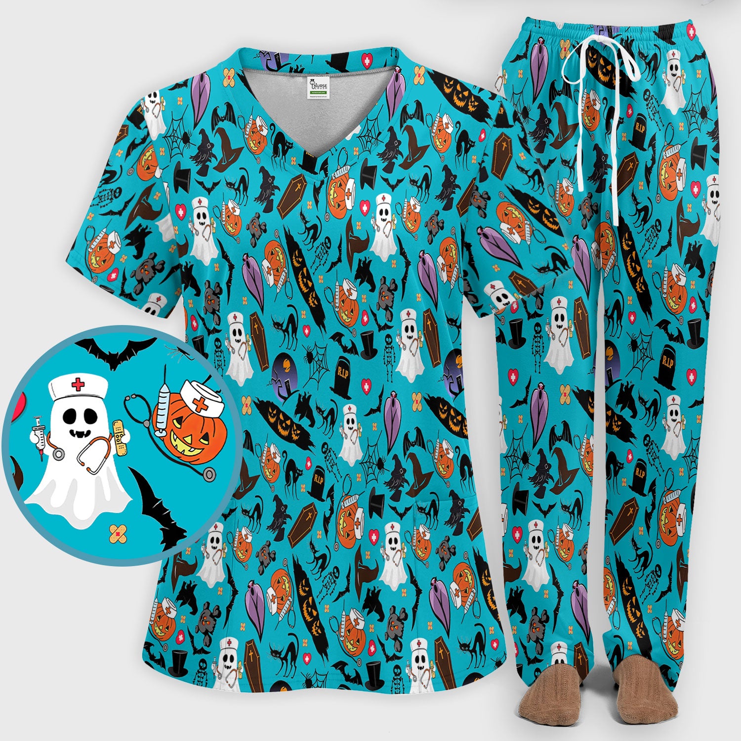 Spooky Halloween Scrub Set - Pumpkin Ghost Bat Nurse Scrubs Pants and V Neck Top - Wicked Witch Medical Uniform for RN CNA LPN