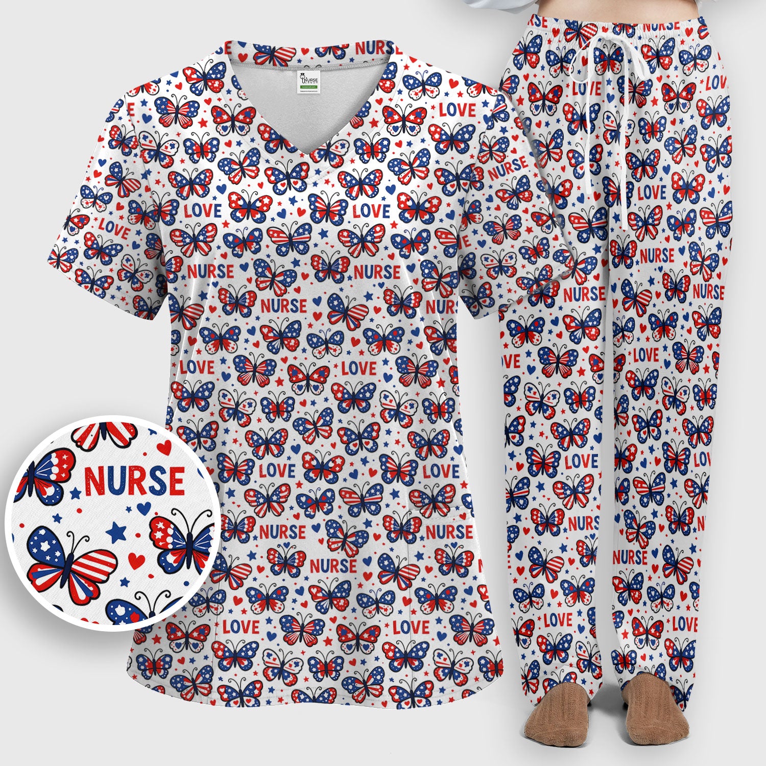 USA Patriotic Butterfly Nurse Scrub Set, Comfortable Uniform Scrubs For Nursing