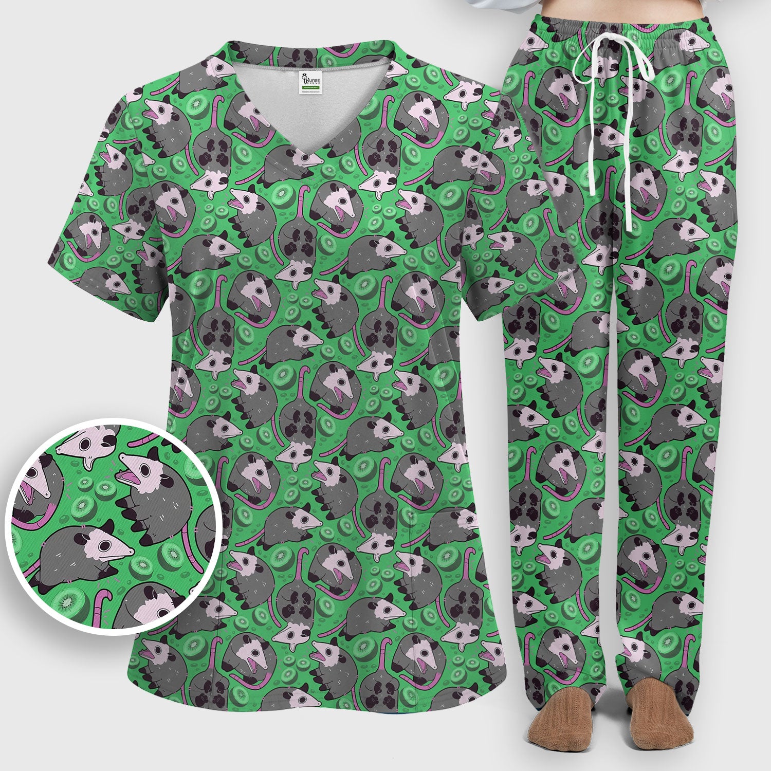 Funny Opossum Kiwi Scrub Set, Quirky Cartoon Animal Scrub Pants and V Neck Top