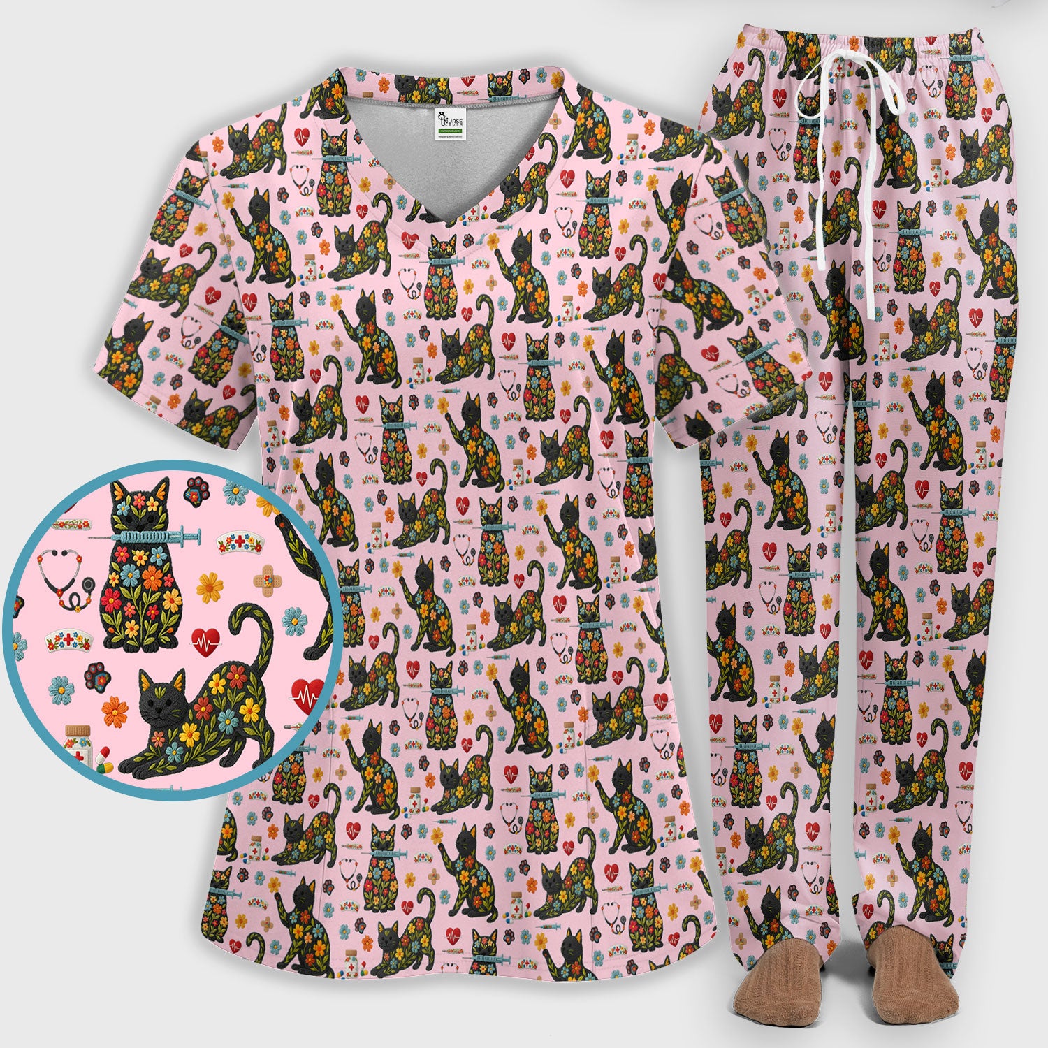 Floral Black Cat Pattern Scrub Set, Cute Cat Nurse Scrub Shirt, Medical Nursing Uniform