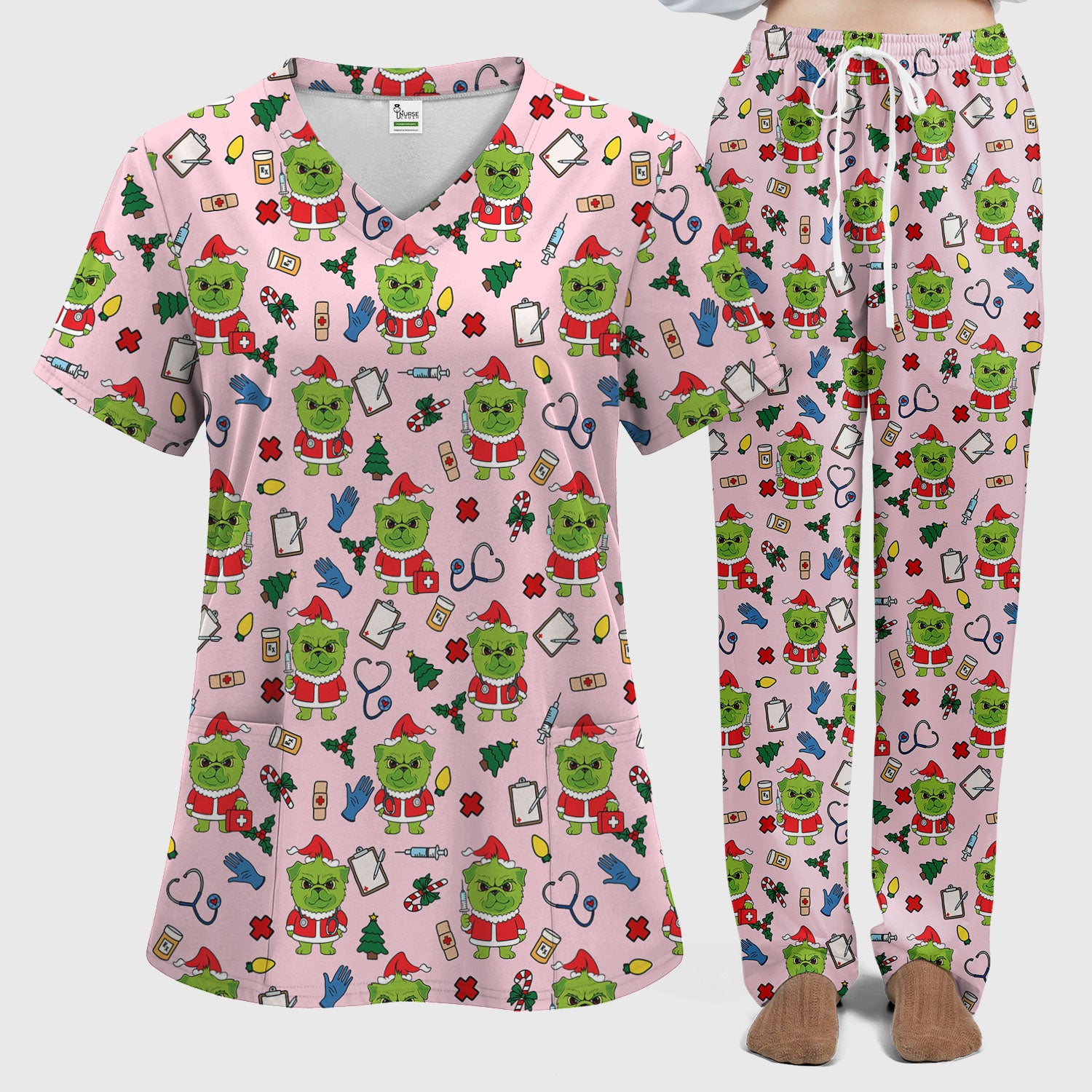 Funny Nurse Christmas Scrubs Set - Grumpy Dog Pattern with Medical Tools - Festive Holiday Scrub Top and Pants for Women
