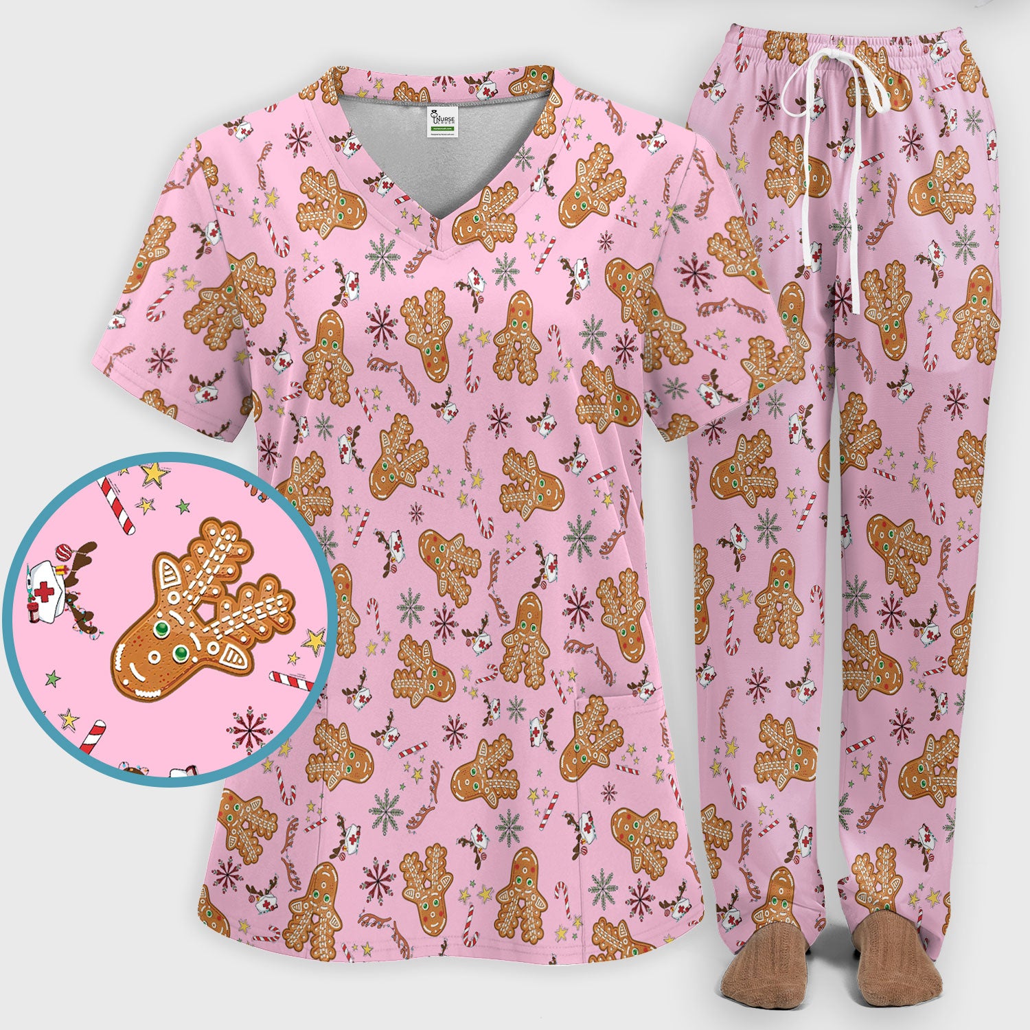 Gingerbread Cookies Reindeer Scrub Sets - Comfortable Scrubs for Nurses - Funny Christmas Gingerbread Scrub Pants and V Neck Top