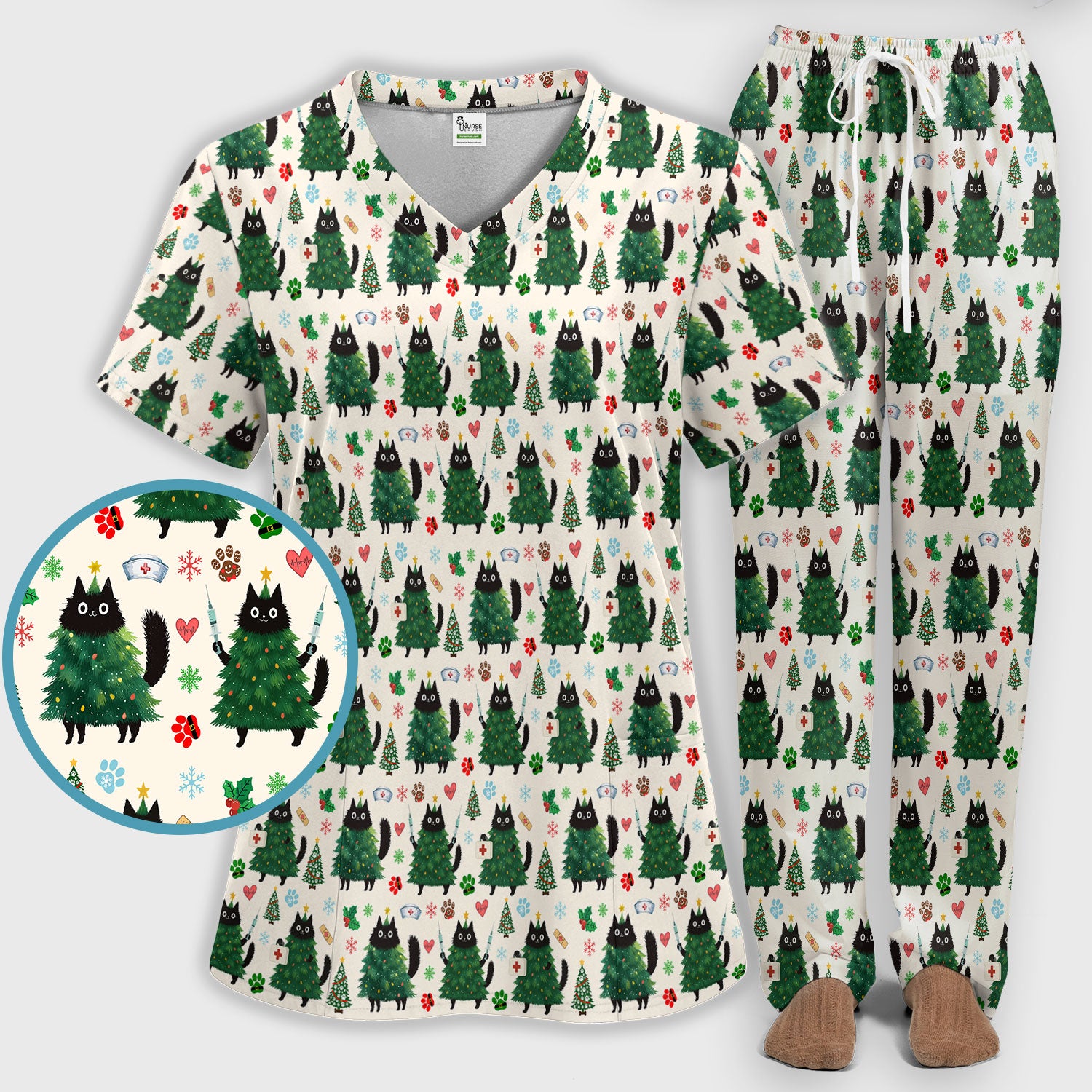 Christmas Nurse Scrub Set, Xmas Black Cat Pattern Nurse Shirt,  Breathable Fabrics Nursing Uniform