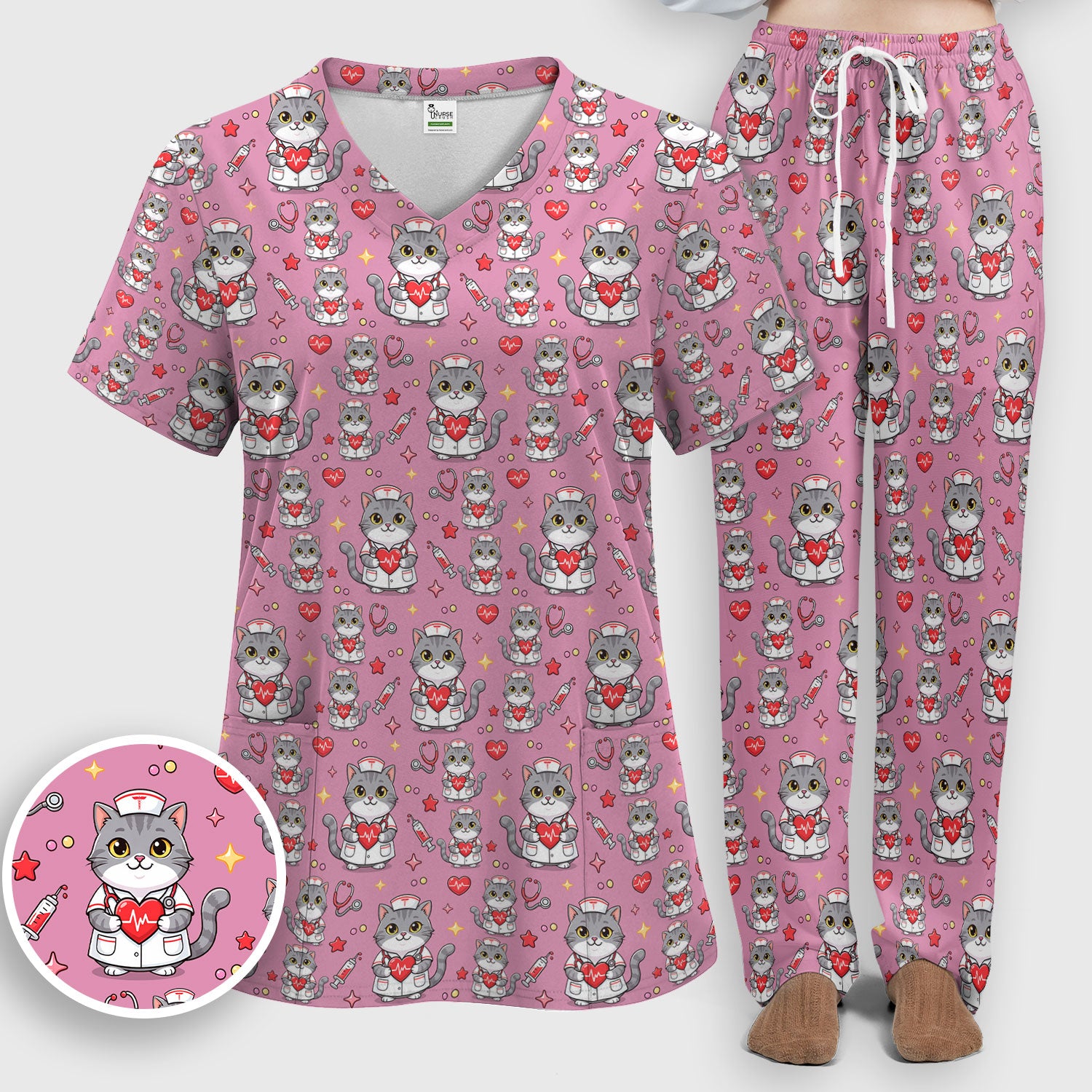 Cute Nurse Cat Heart Medical Print Scrub Set, Scrub Pants and V Neck Top
