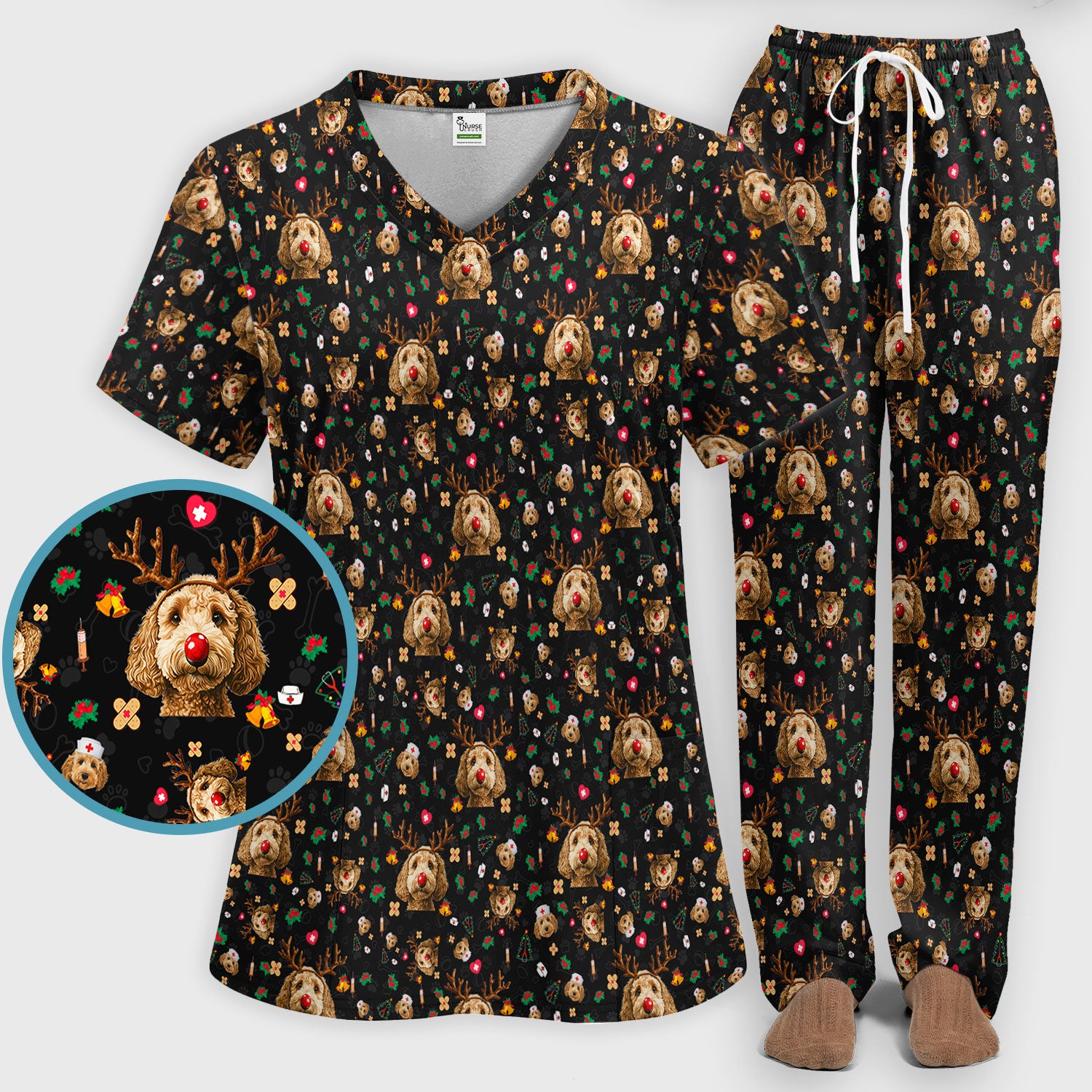 Labradoodle Reindeer Christmas Scrub Set - Funny Dog Nurse Pants and V Neck Top - Cute Holiday Medical Uniform