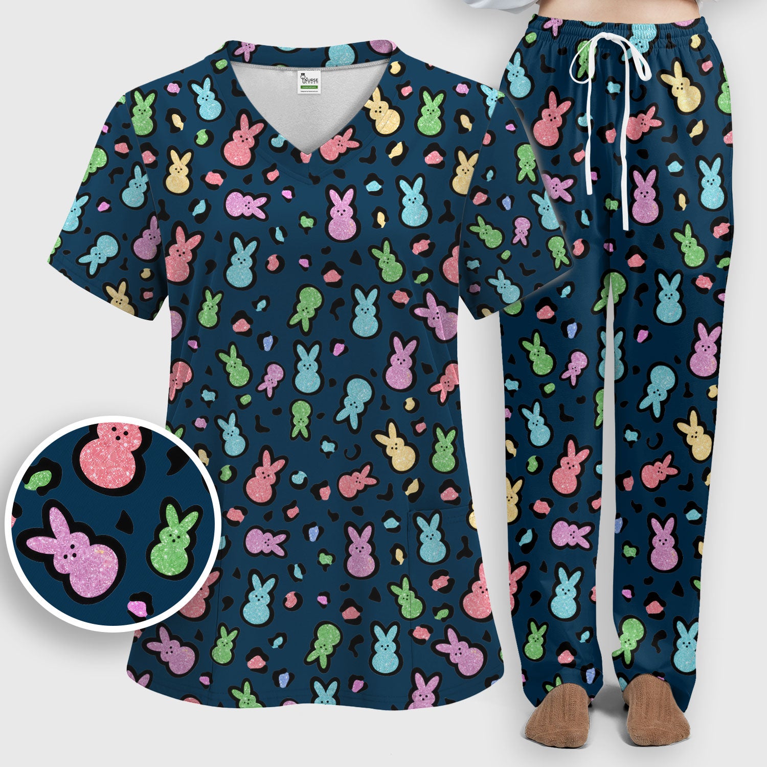 Cute Easter Bunny Pastel Pattern Scrub Set, Scrub Pants and V Neck Top