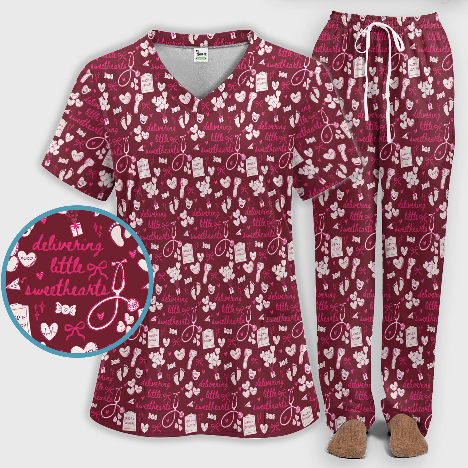 Valentine Labor And Delivery Scrub Set, XOXO Pattern Scrub Shirt, Breathable Fabrics Nursing Uniform For Women
