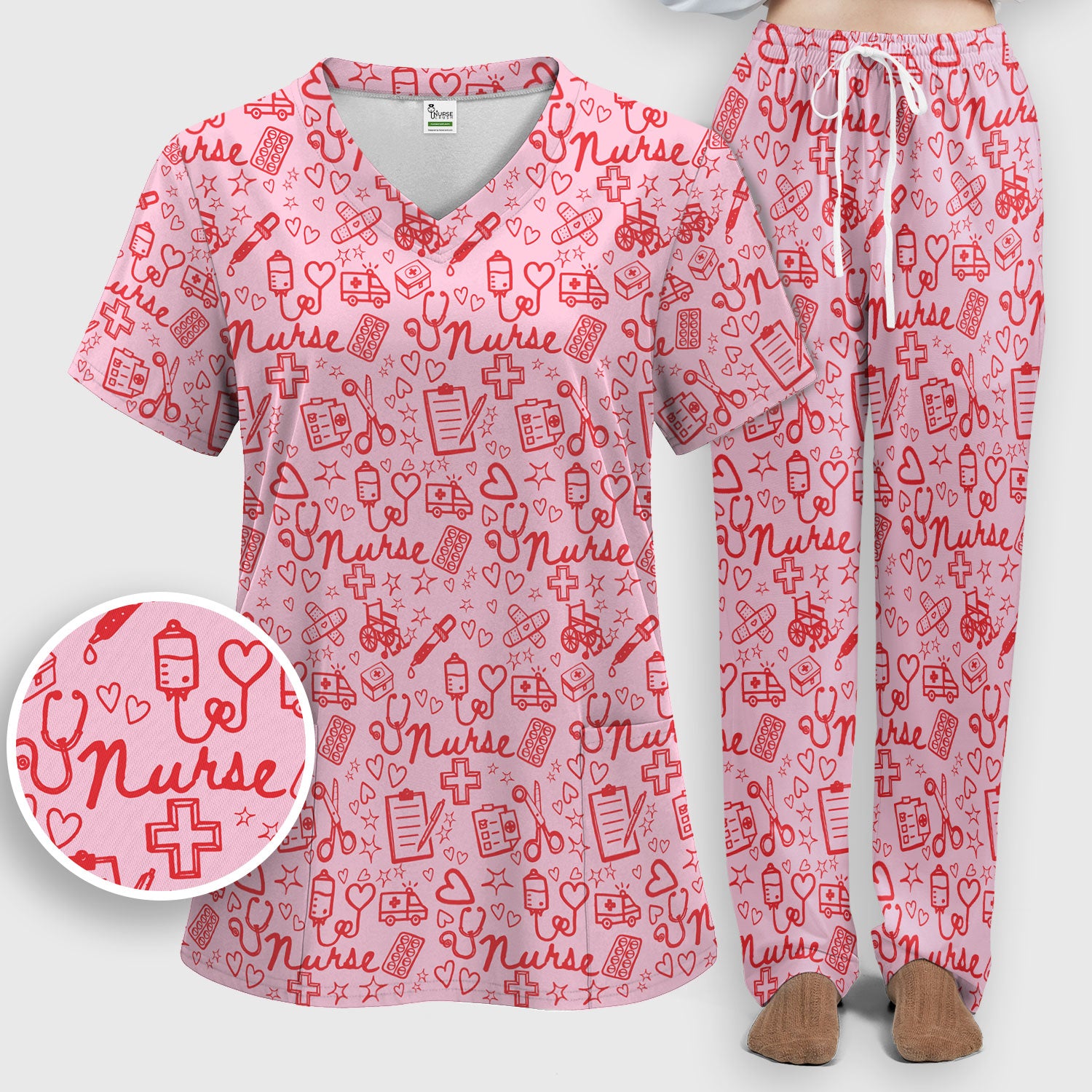 Cute Nurse Heart Medical Pattern Scrub Set, Breathable Med Uniform