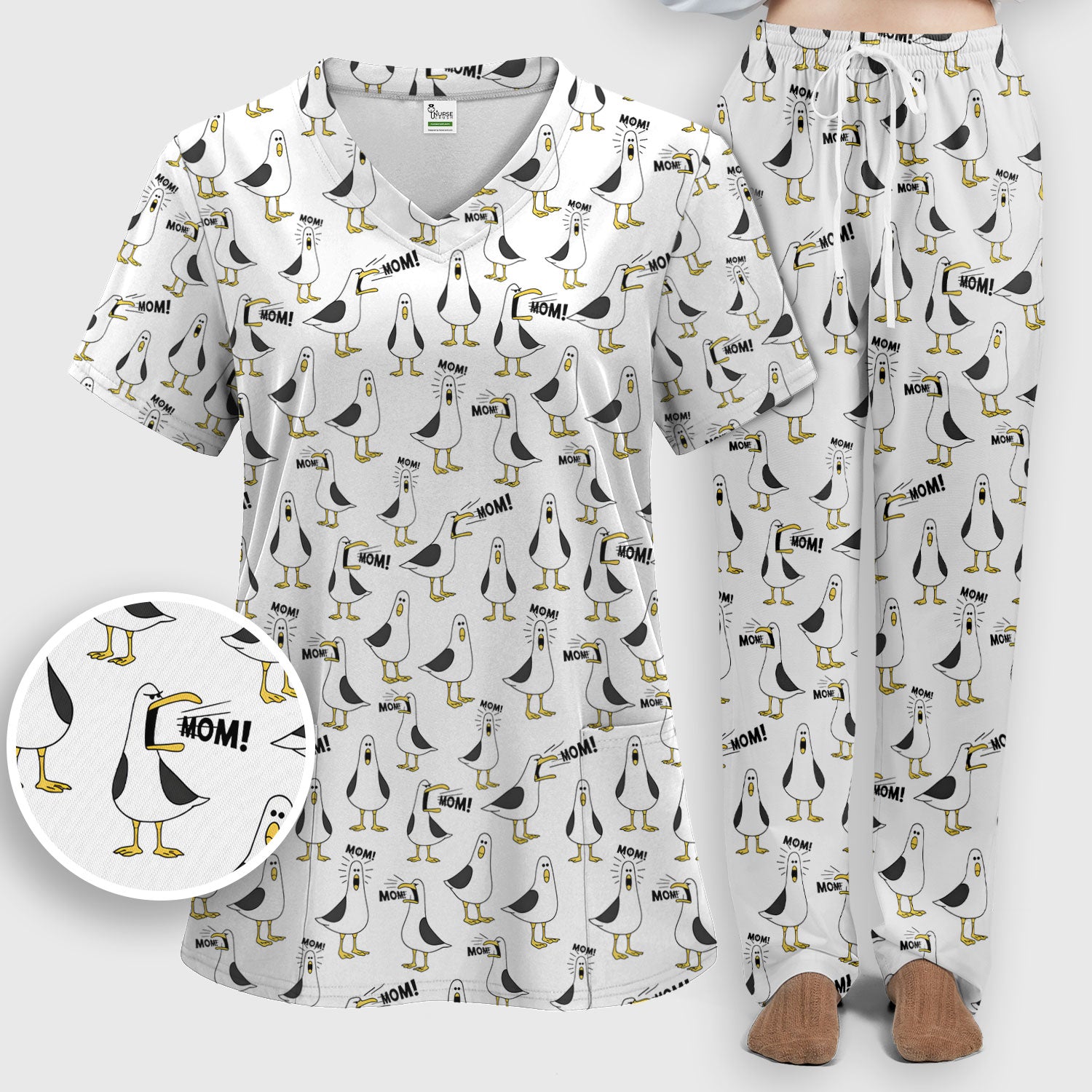 Funny Seagull Mom Seamless Pattern Scrub Set, Scrub Pants and V Neck Top