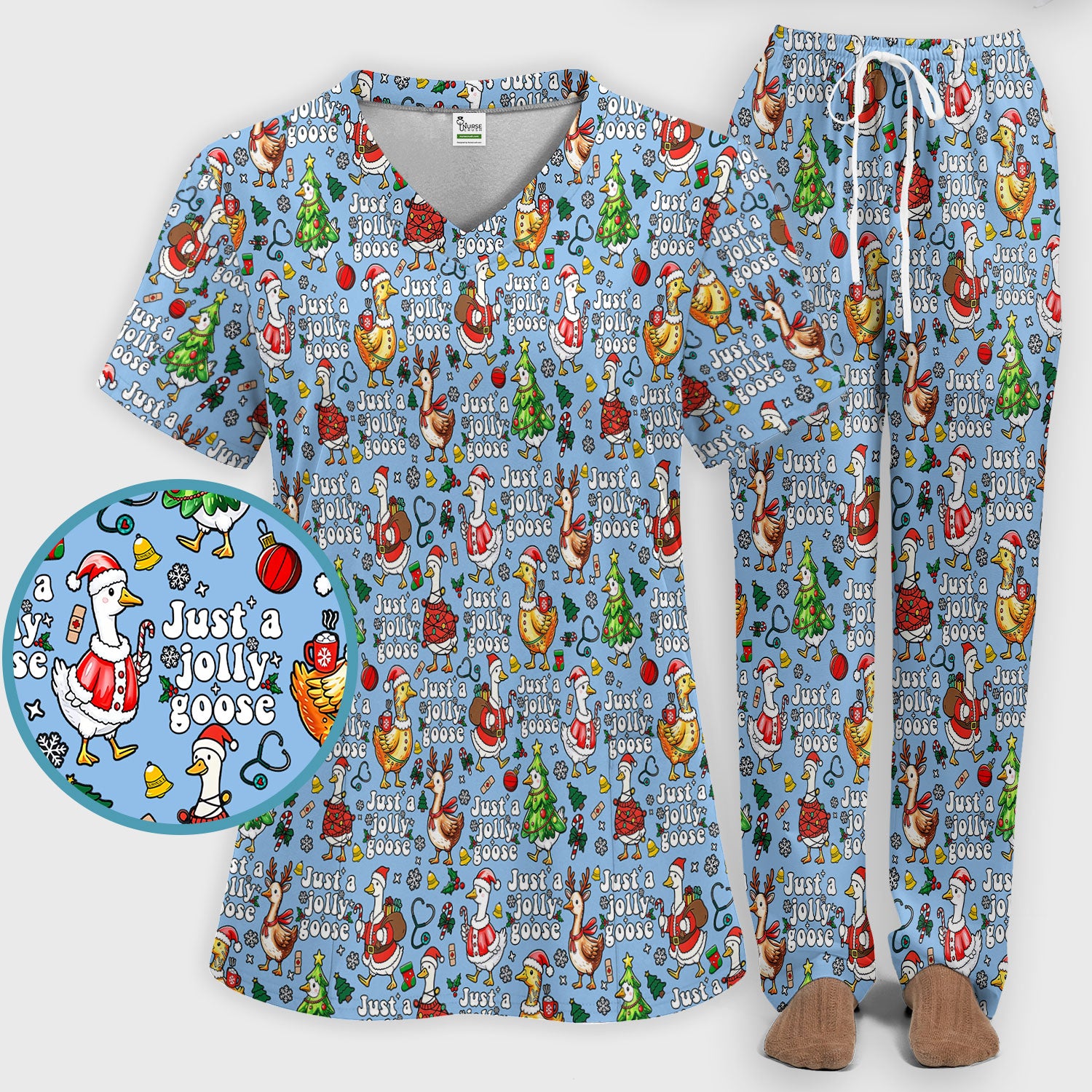 Christmas Goose Scrub Set for Nurse - Funny Jolly Holiday Medical Uniform for Women
