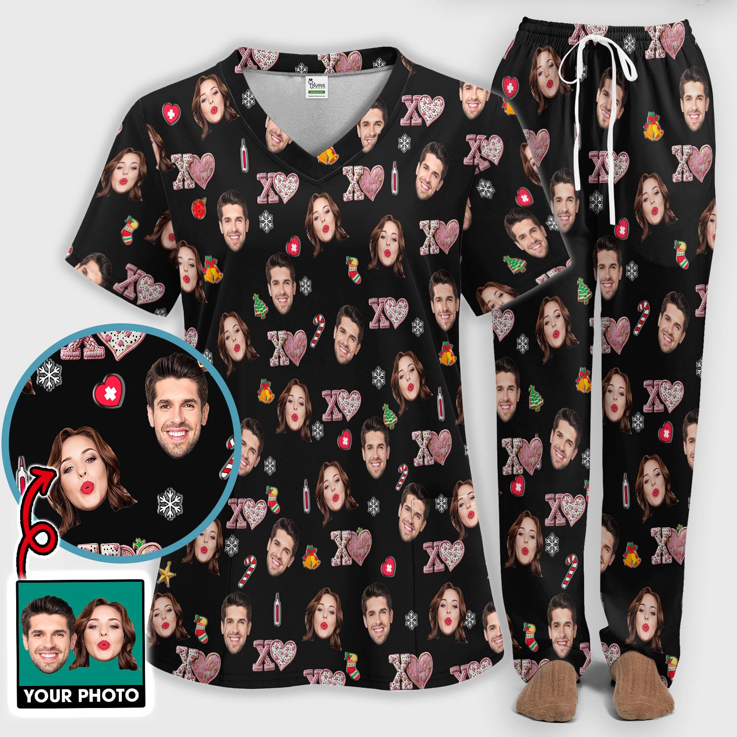 Custom Face Pattern XOXO Scrub Shirt, Personalized Photo Scrub Set, Breathable Fabrics Nursing Uniform