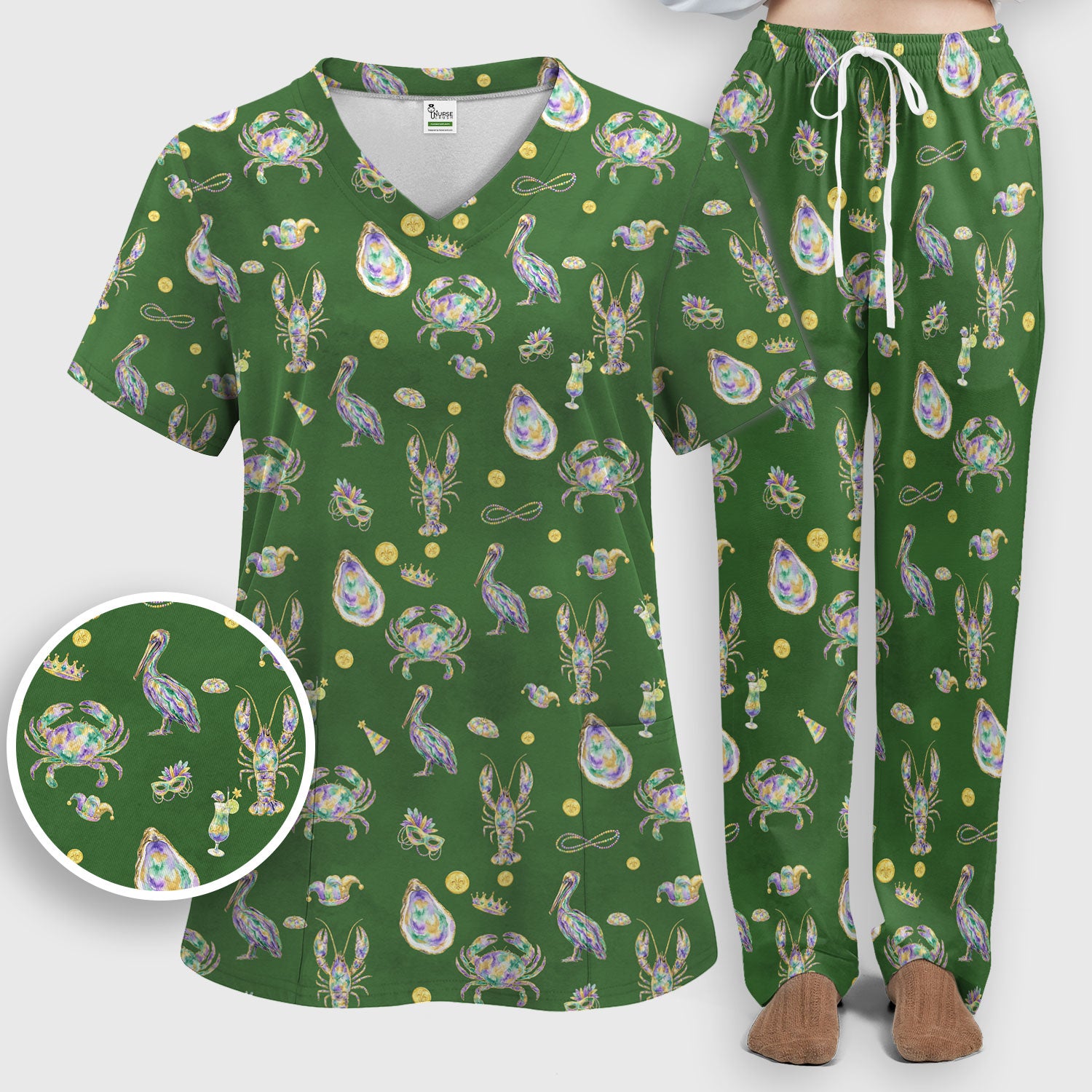Mardi Gras Seafood Nurse Scrub Set, Comfortable Uniform Scrubs For Nursing