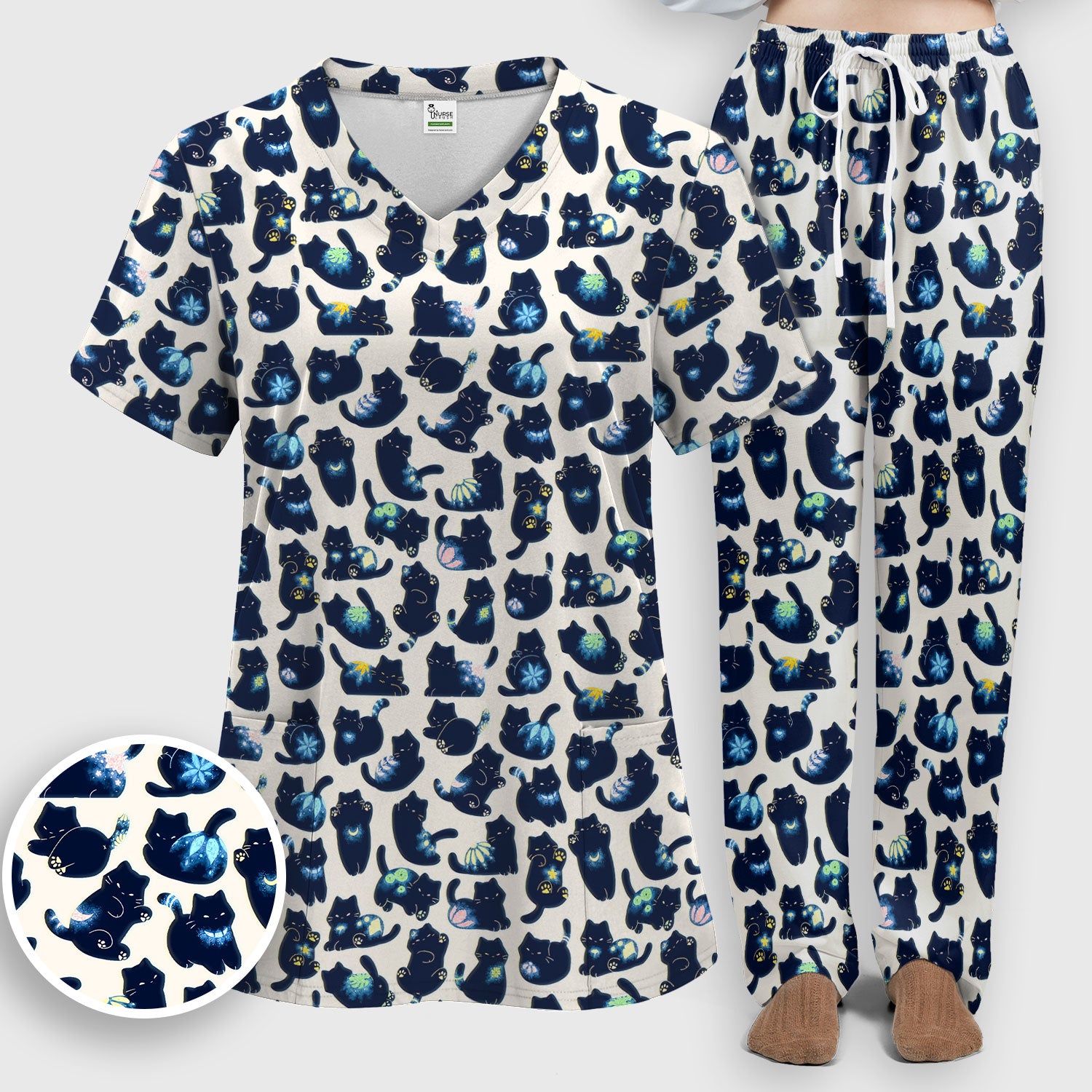 Midnight Cat Scrub Set, Black Cat Pattern Nurse Shirt, Breathable Fabrics Nursing Uniform