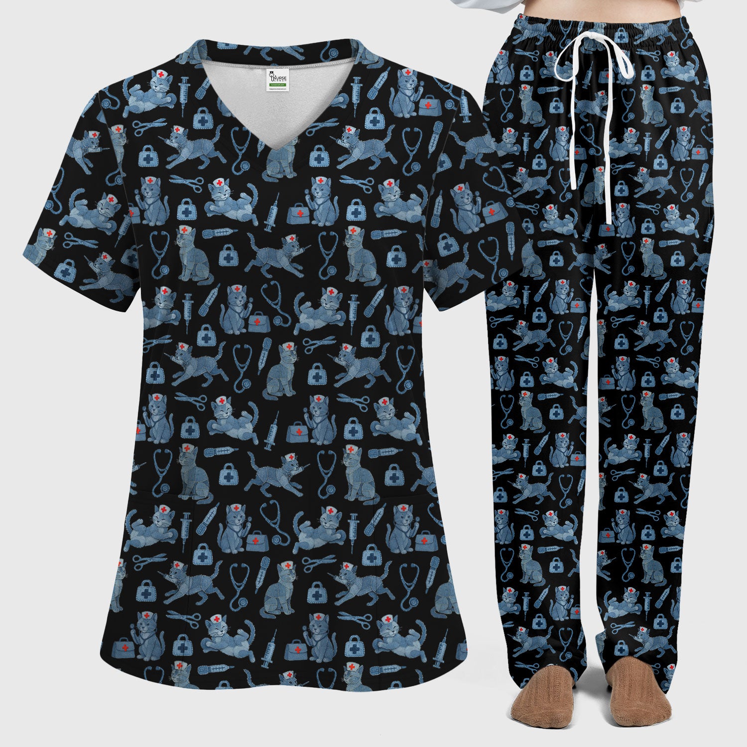 Cute Cat Scrubs for Women - Funny Kitty Pattern Scrub Top & Pants - Playful Nurse Scrubs with Charming Cat Print for Healthcare Workers