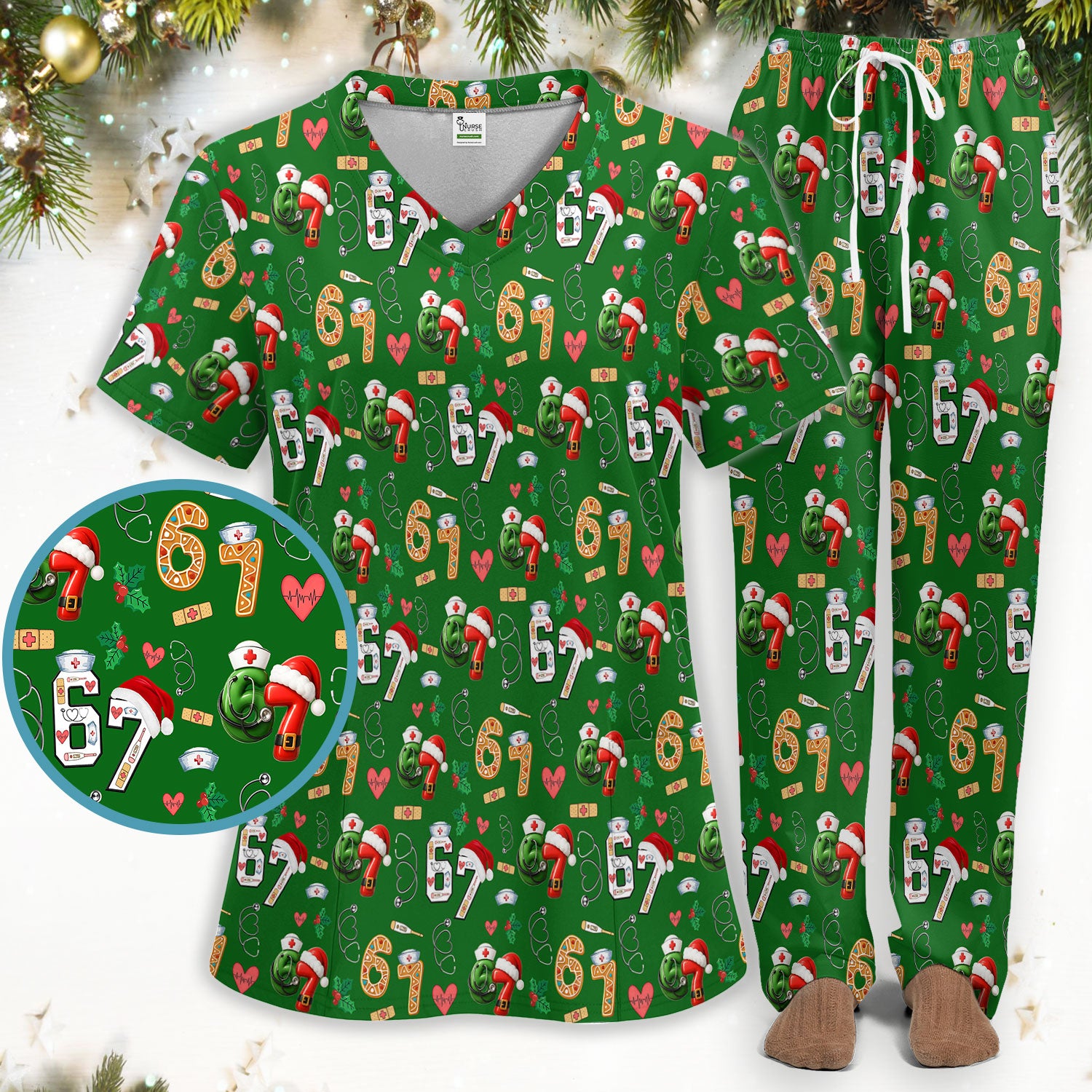Christmas Nurse 67 Pattern Scrub Set, Cute Holiday Medical Uniform With Santa Hat, Uniform For Nursing