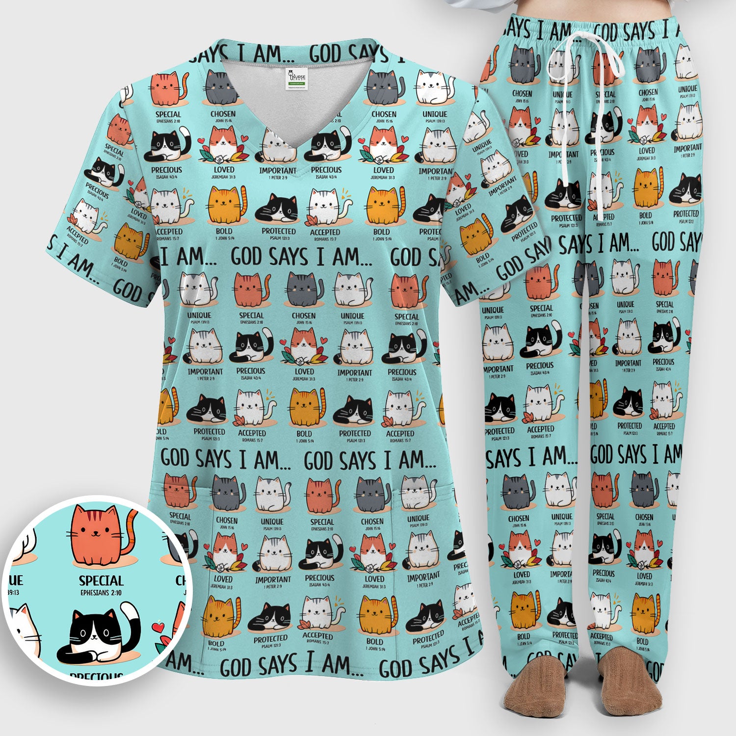 Cute Christian Cat God Says I Am Women's Scrub Set, Breathable Med Uniform