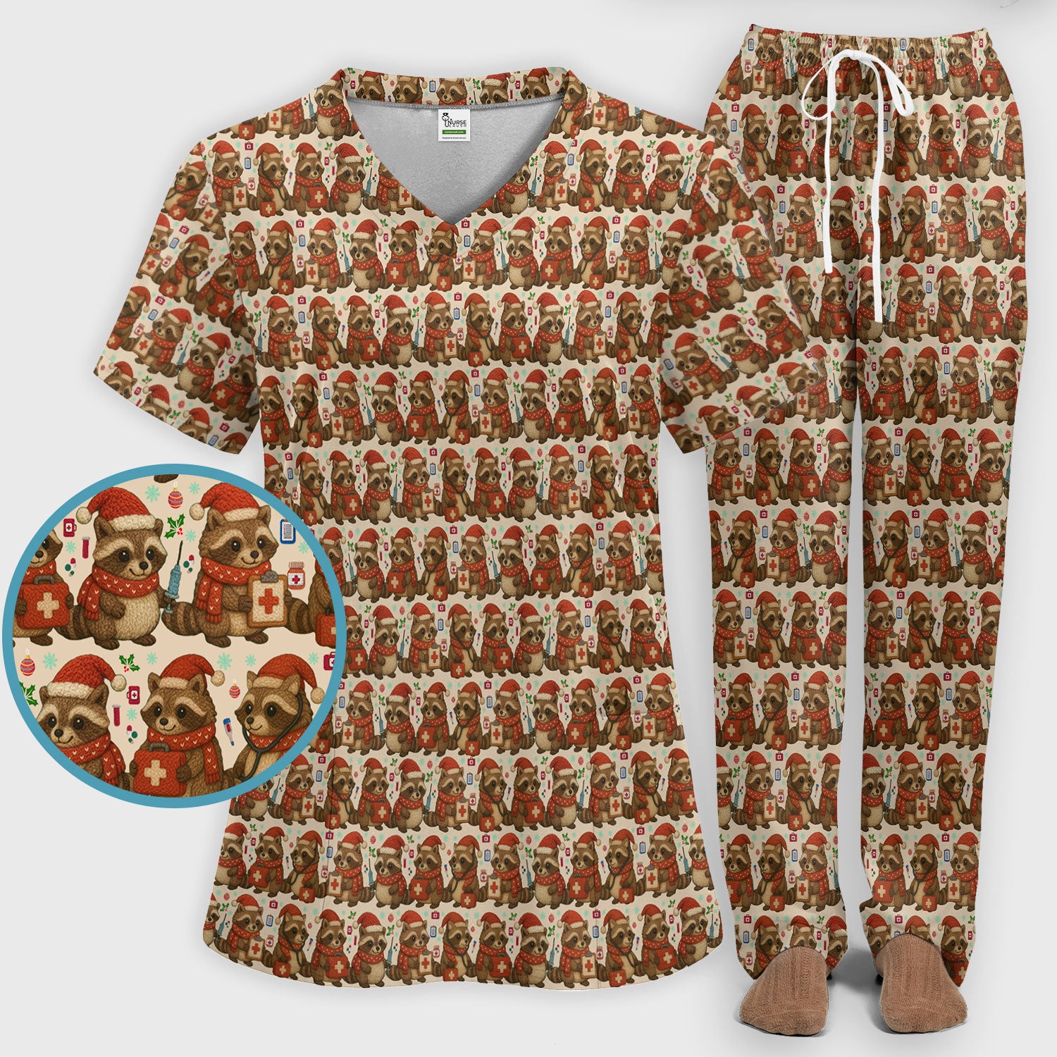 Christmas Scrub Set – Nurse Raccoon Pattern Shirt – Cute Medical Uniform For Nursing
