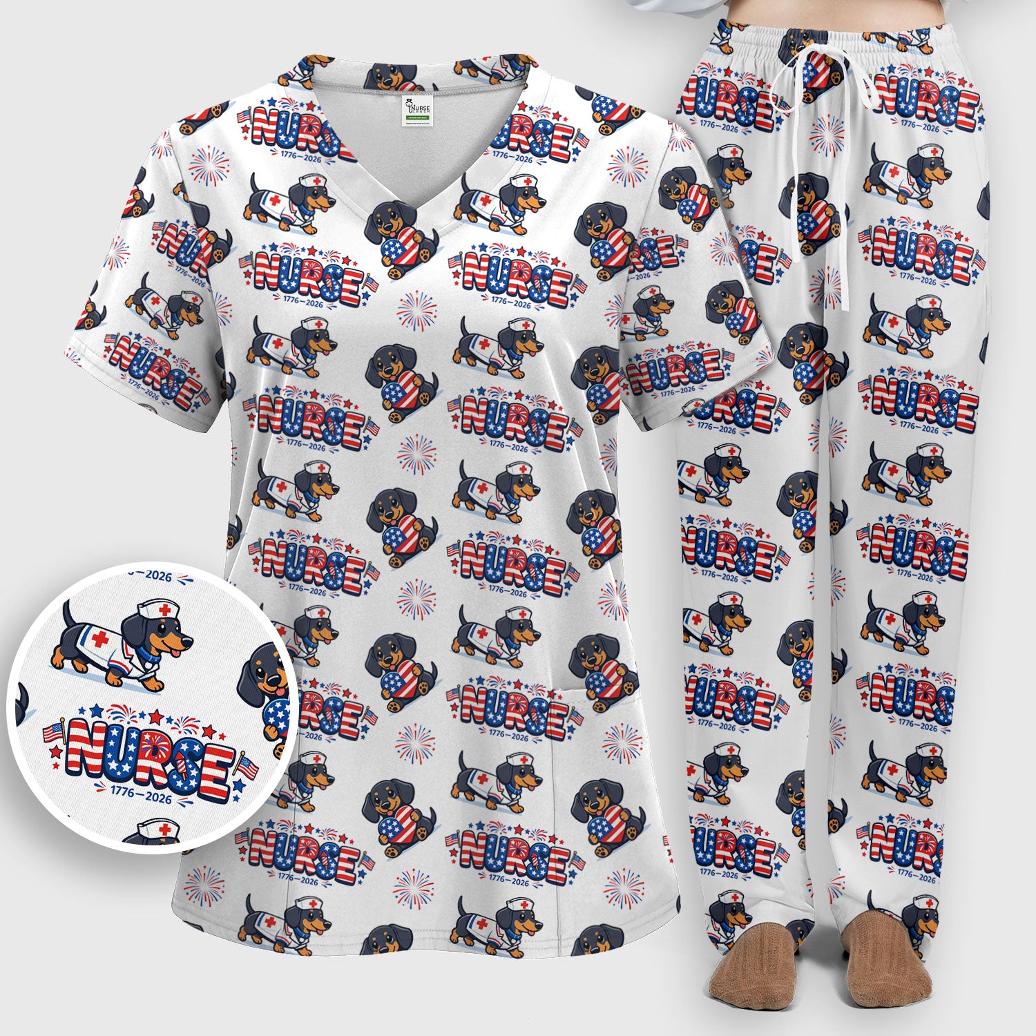 Proud Nurse Patriotic Dachshund Medical Firework Pattern Scrub Set, Nurse Uniform Scrubs Set
