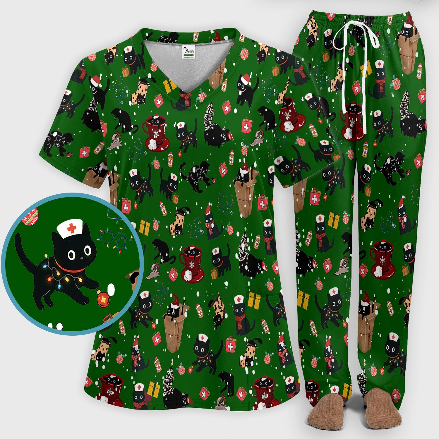 Christmas Cat Scrub Set for Nurse - Funny Black Cats Scrubs Pants and V Neck Top - Cute Holiday Medical Uniform for Women