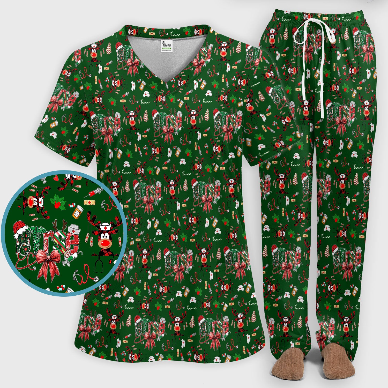 Whimsical Reindeer Christmas Scrub Set – Festive Holiday Reindeer Pattern – Cute Medical Uniform for Nurses, Vets and Healthcare Workers