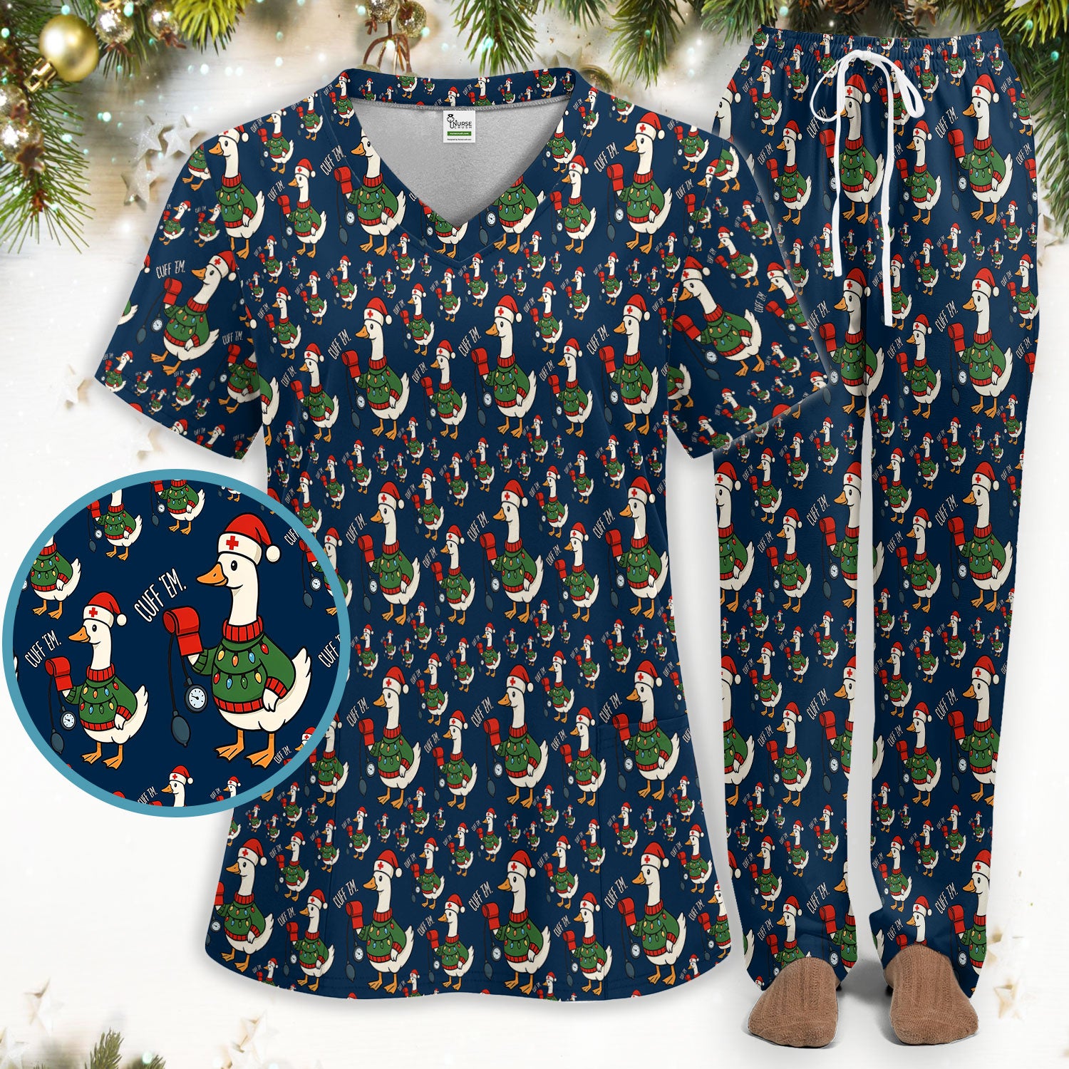 Nurse Christmas Duck Scrub Set, Cute Goose Pattern Scrub Uniform, RN LPN CNA Nursing Uniform