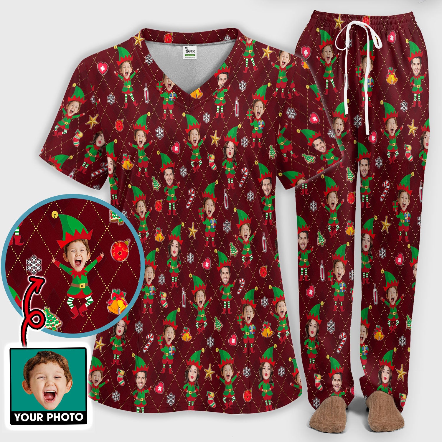 Personalized Face Nurse Uniform, Custom Photo Christmas Scrub Set, Funny Holiday Medical Uniform For Nursing