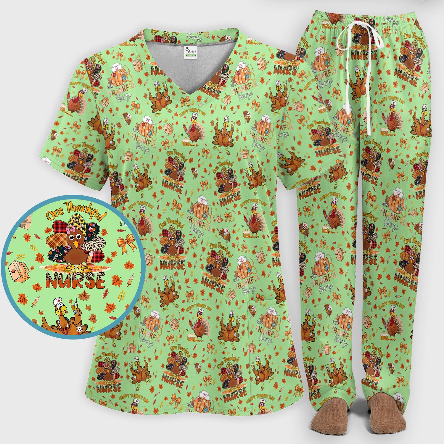 Thanksgiving Nurse Fall Scrub Sets for Women - Cute Turkey and Pumpkin Scrubs Pants and V Neck Top - Autumn Med Gift for Her