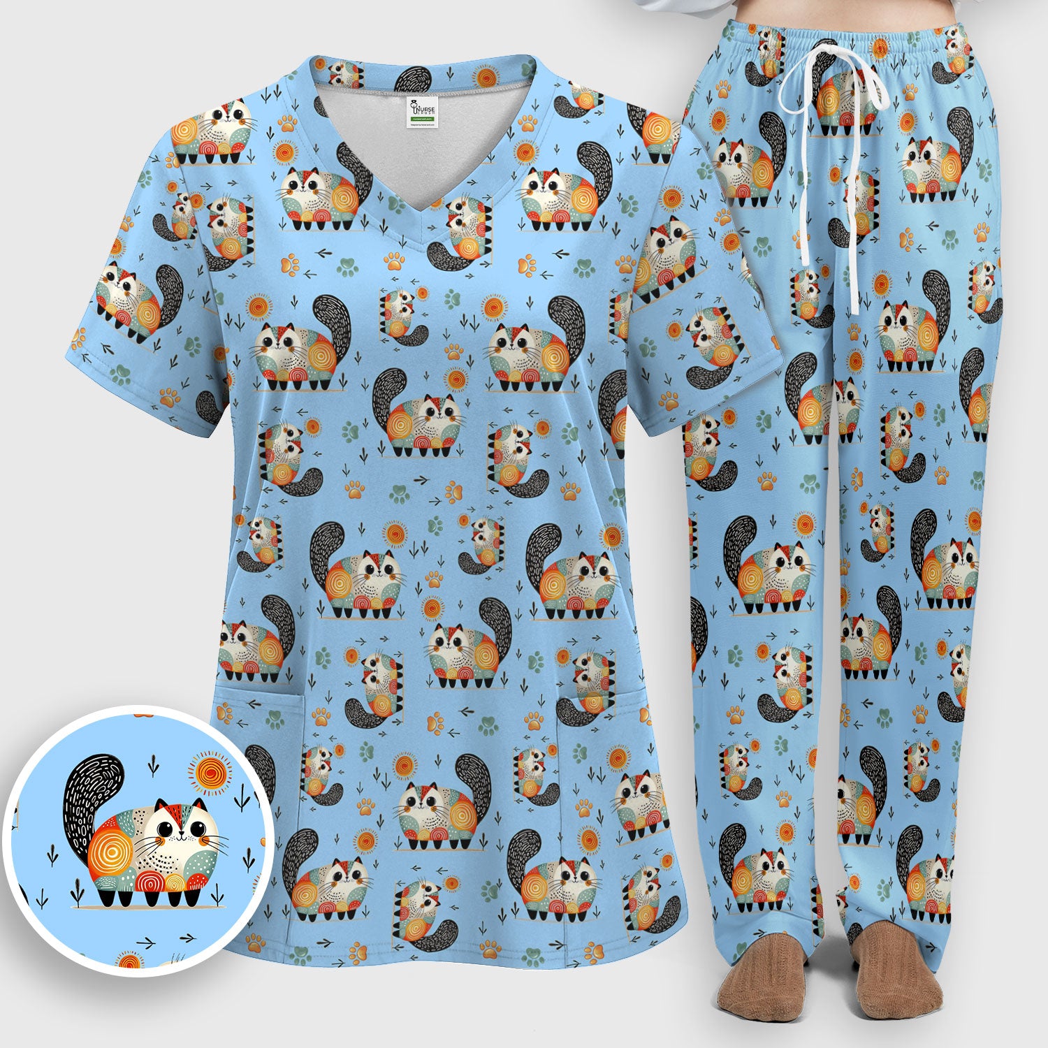 Playful Cat Illustration Women's Scrub Set, Breathable Med Uniform