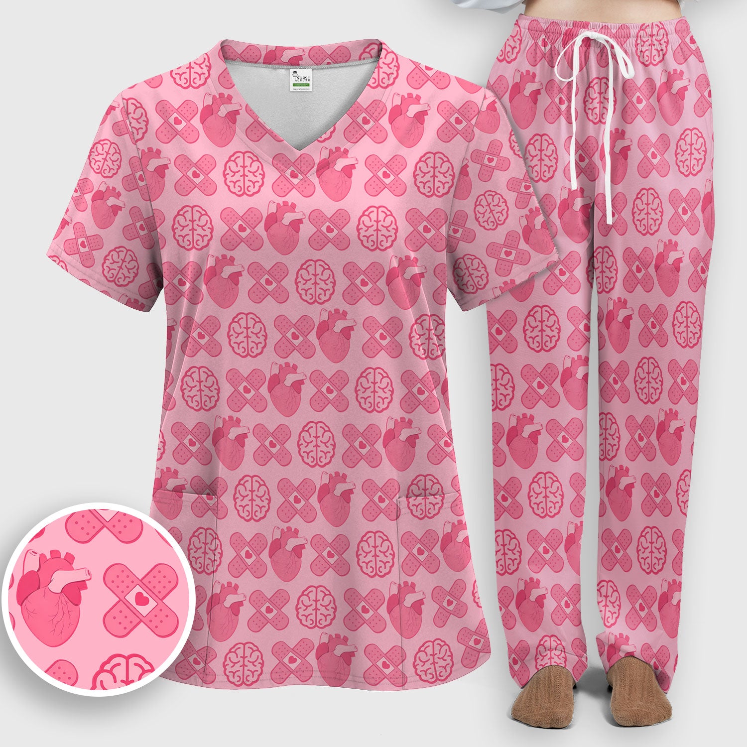 Heart & Brain Medical Icon Pattern Scrub Set, Scrub Pants and V Neck Top