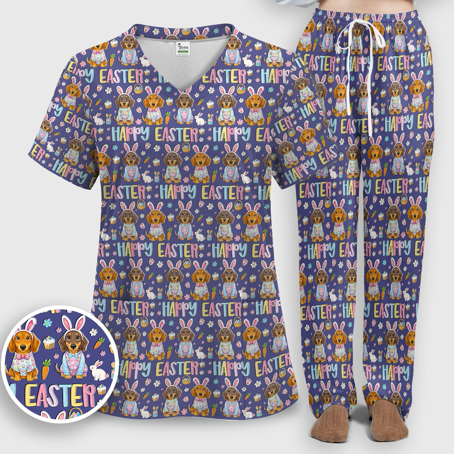 Happy Easter Dachshund Puppy Pattern Scrub Set, Breathable Med Uniform