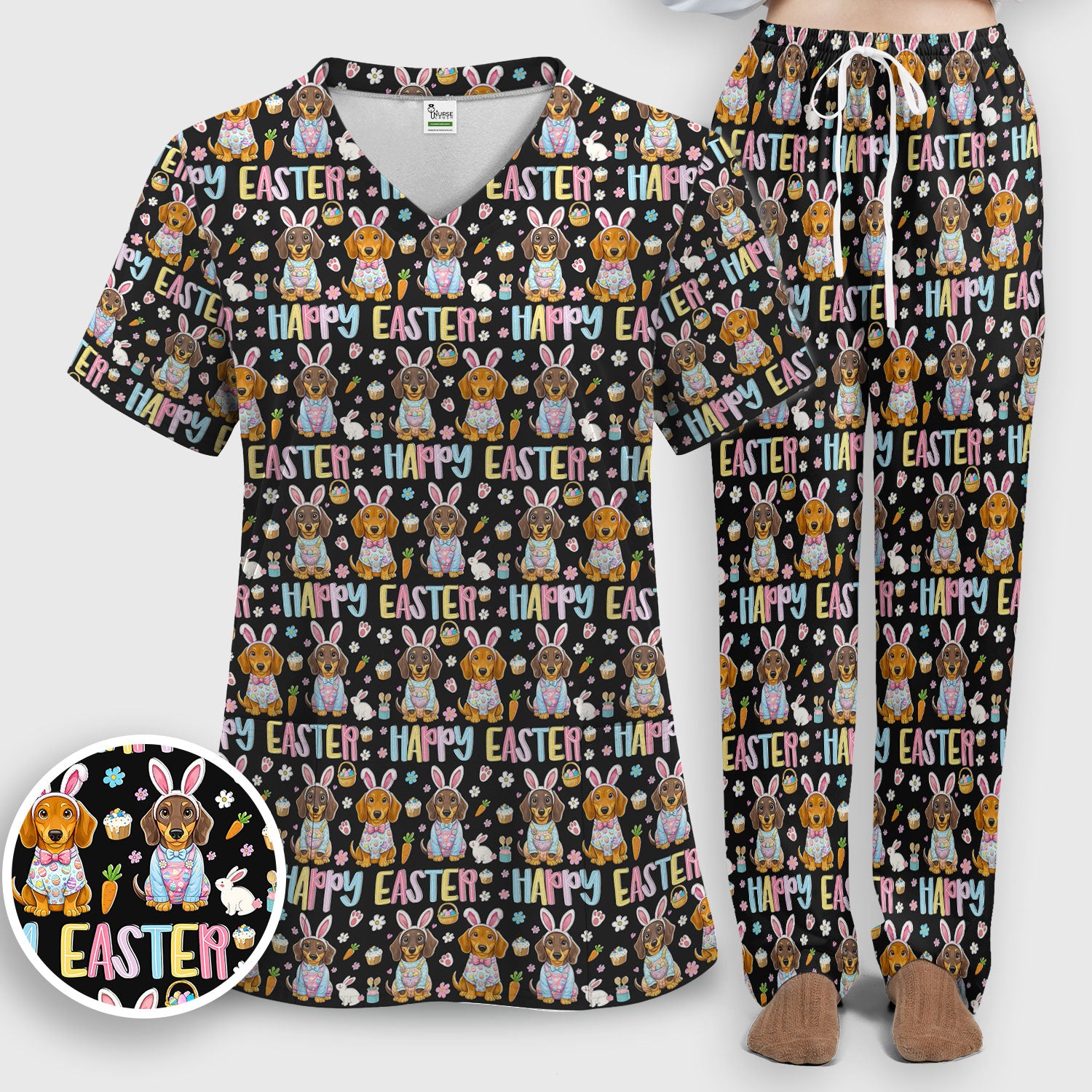 Happy Easter Dachshund Puppy Pattern Scrub Set, Breathable Med Uniform