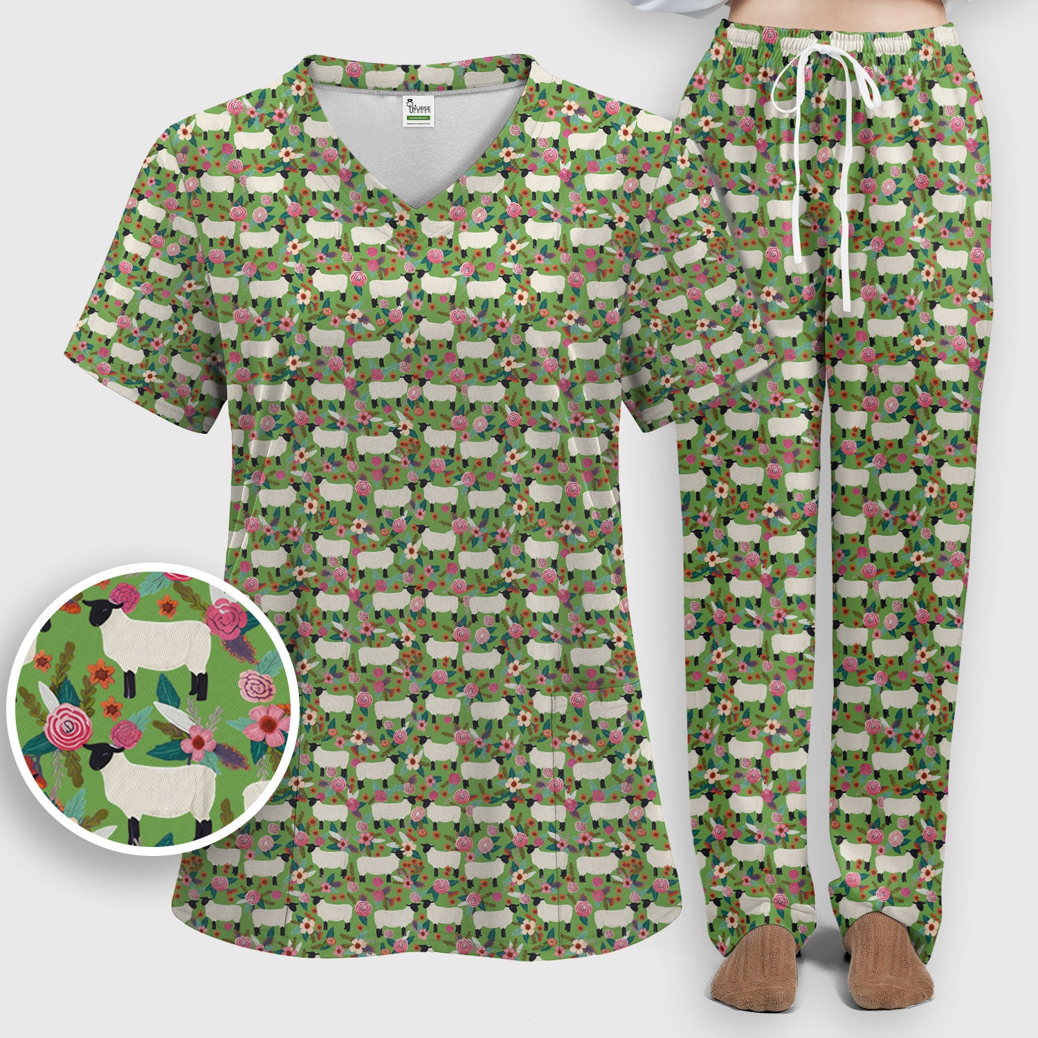 Cute Sheep Floral Meadow Pattern Scrub Set, Nurse Uniform Scrubs Set