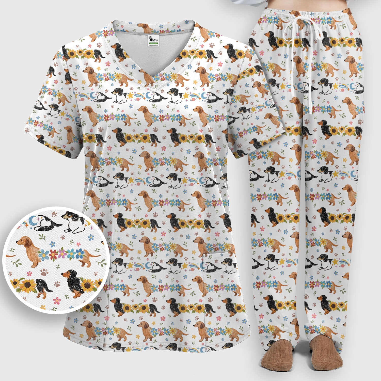 Floral Wiener Dog Pattern Scrub Set, Scrub Pants and V Neck Top