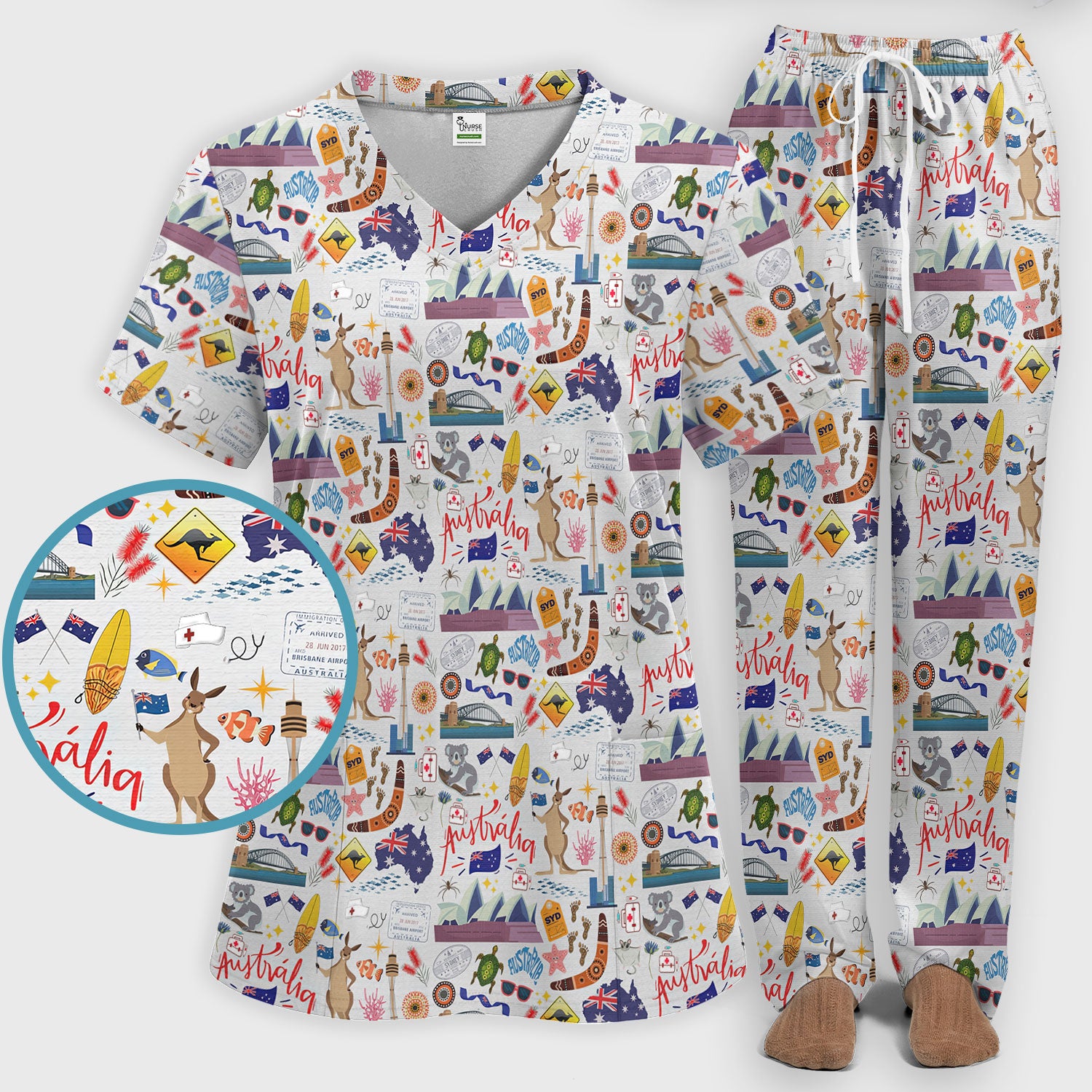 Australia Scrub Sets for Women - Aussie Comfortable Scrub Pants and V Neck Top - Kangaroo Koala Opera House - Travel Medical Uniform Gift