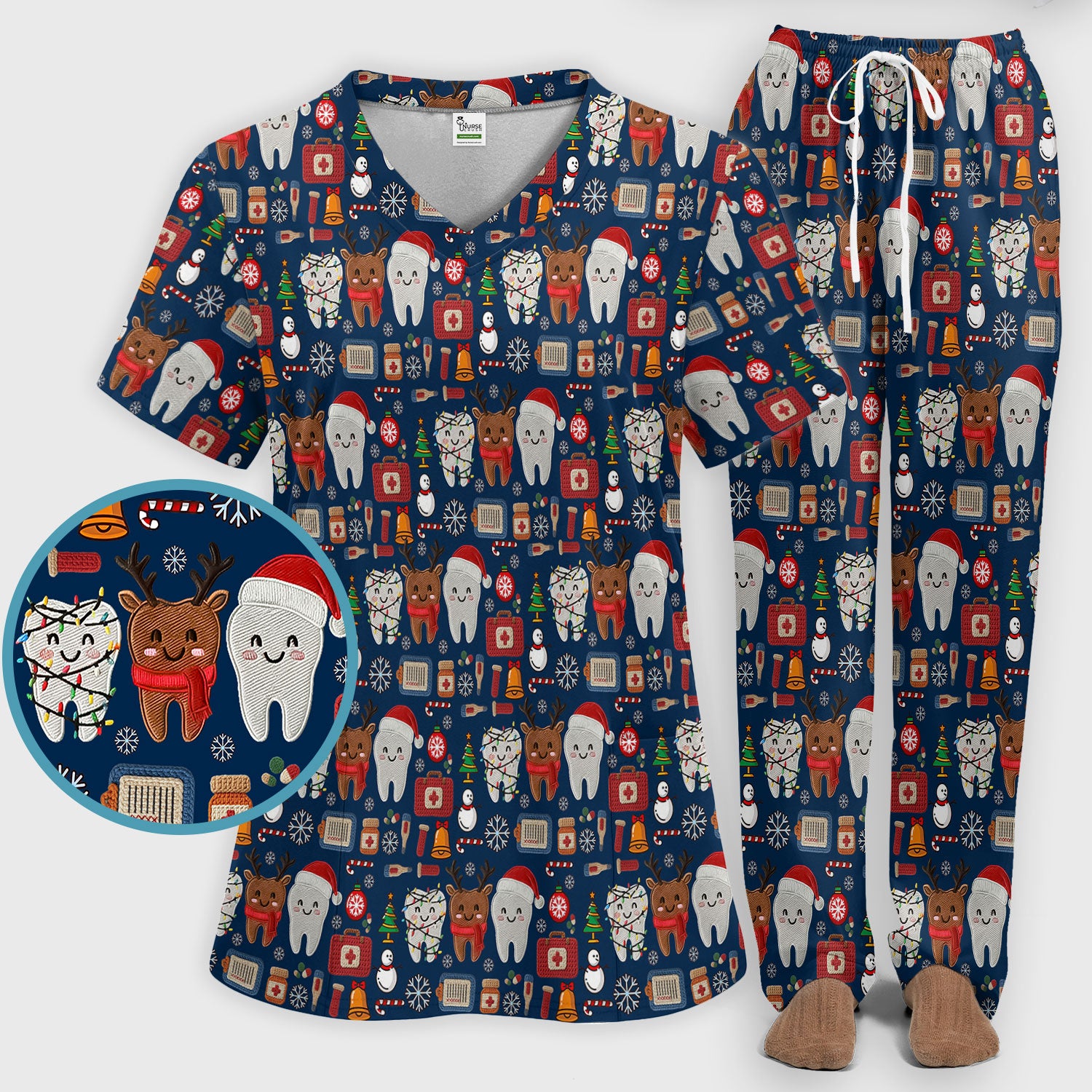 Christmas Dental Scrub Set - Cute Santa & Reindeer Tooth Pants and V Neck Top - Funny Gift for Dentists, Hygienists, Nurses