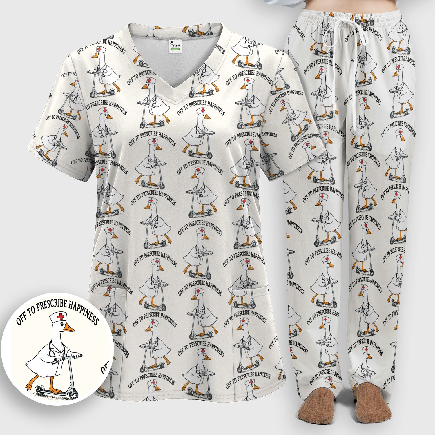 Nurse Goose Scooter Print Scrub Set, Breathable Med Uniform