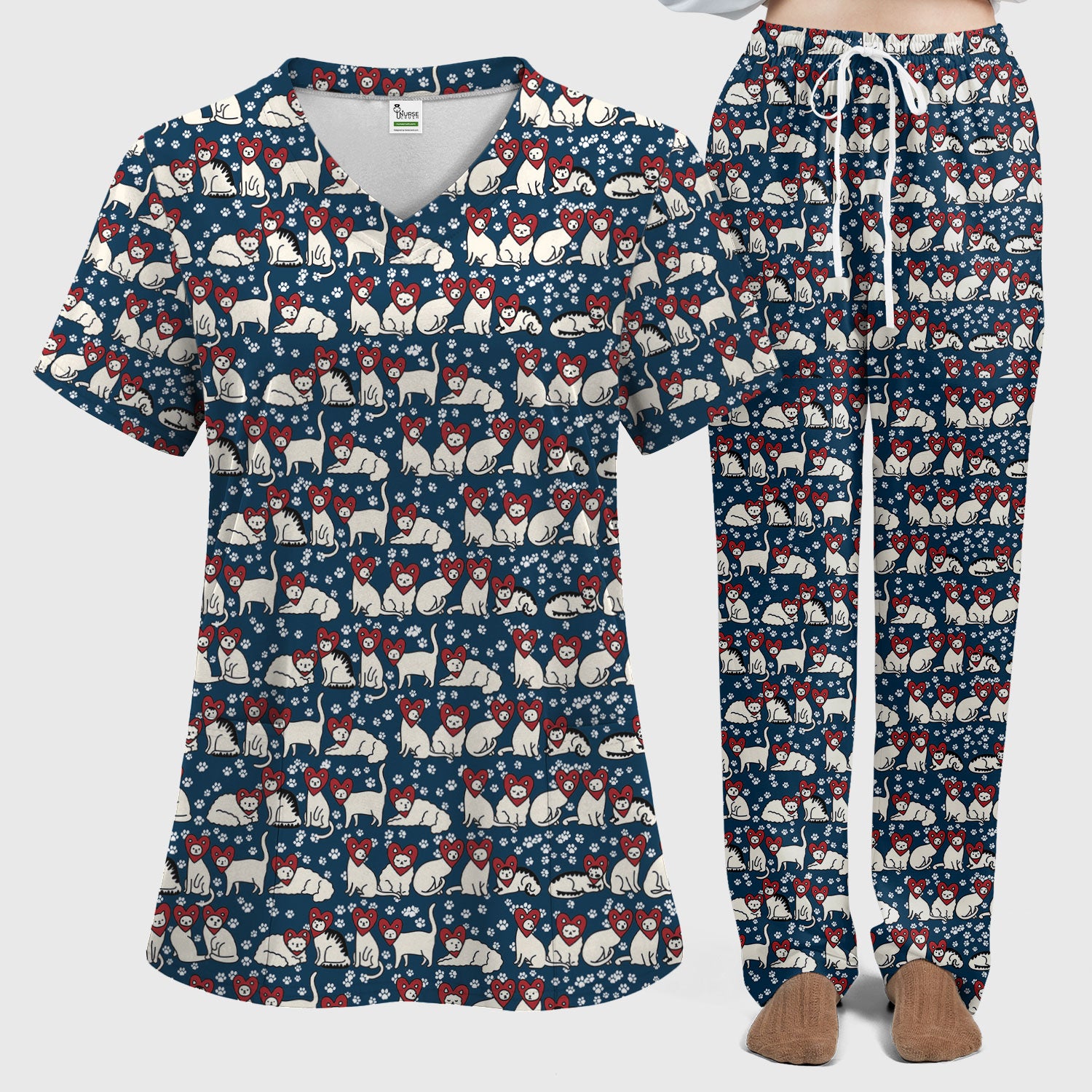 Cute Cat Heart Pattern Scrub Set, Funny Cat Scrub Shirt For Nurses, Breathable Fabrics Nursing Uniform